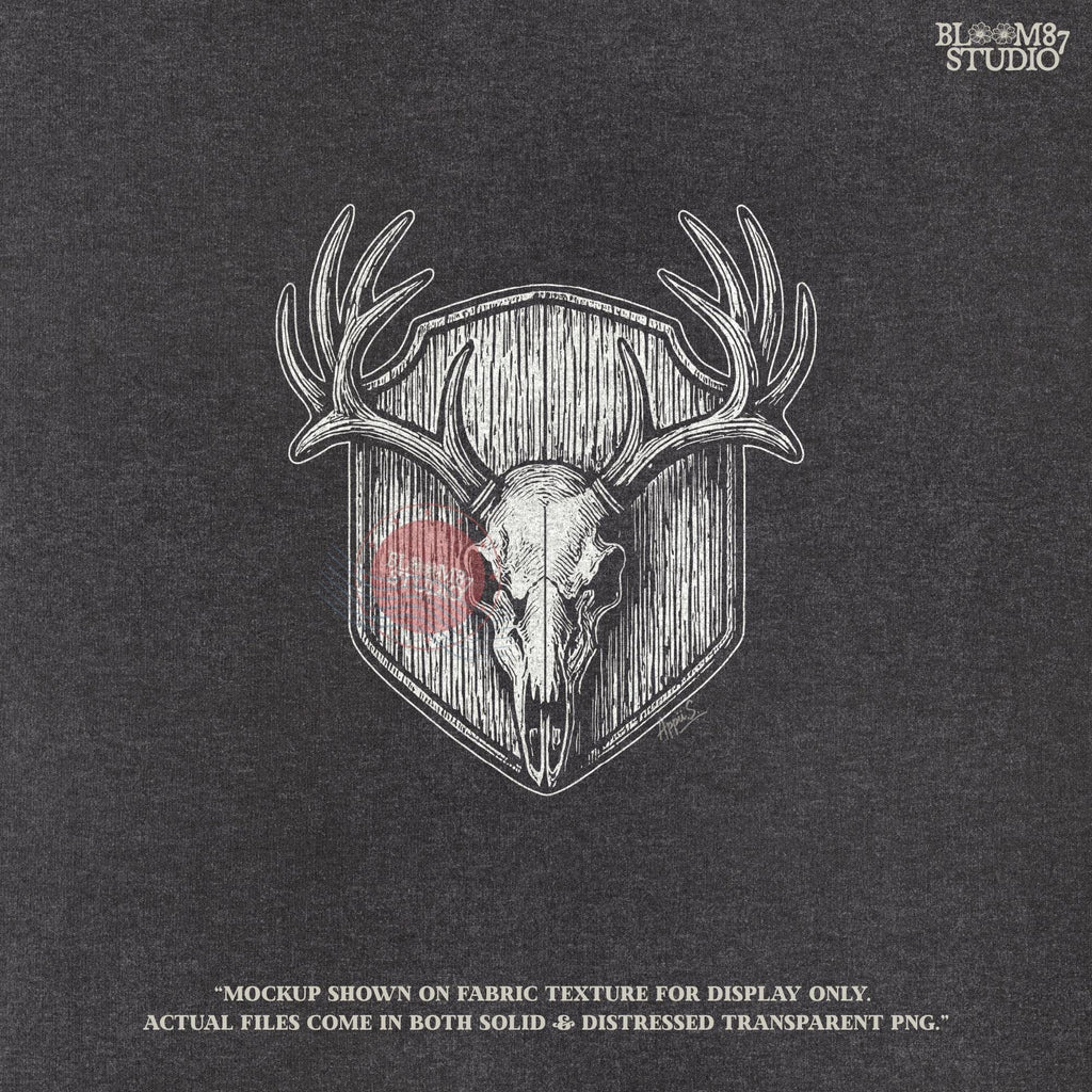Rustic hunting skull PNG showing detailed deer antlers and skull mount. Ideal for sublimation on hunting shirts, mugs, lodge wall art, and outdoor gear gifts. High-resolution deer hunting clipart for hunters and DIY crafters.