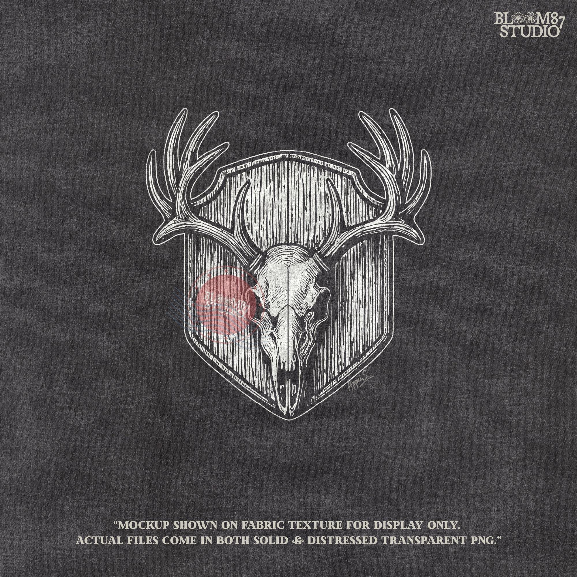 Rustic hunting skull PNG showing detailed deer antlers and skull mount. Ideal for sublimation on hunting shirts, mugs, lodge wall art, and outdoor gear gifts. High-resolution deer hunting clipart for hunters and DIY crafters.