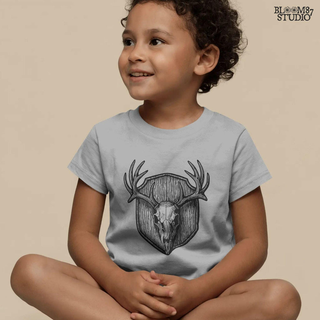 Rustic deer hunting sublimation PNG showing deer skull with antlers. Works for hunting shirts, mugs, tumblers, rustic lodge wall art, or outdoor gifts. Transparent PNG format for easy crafting.