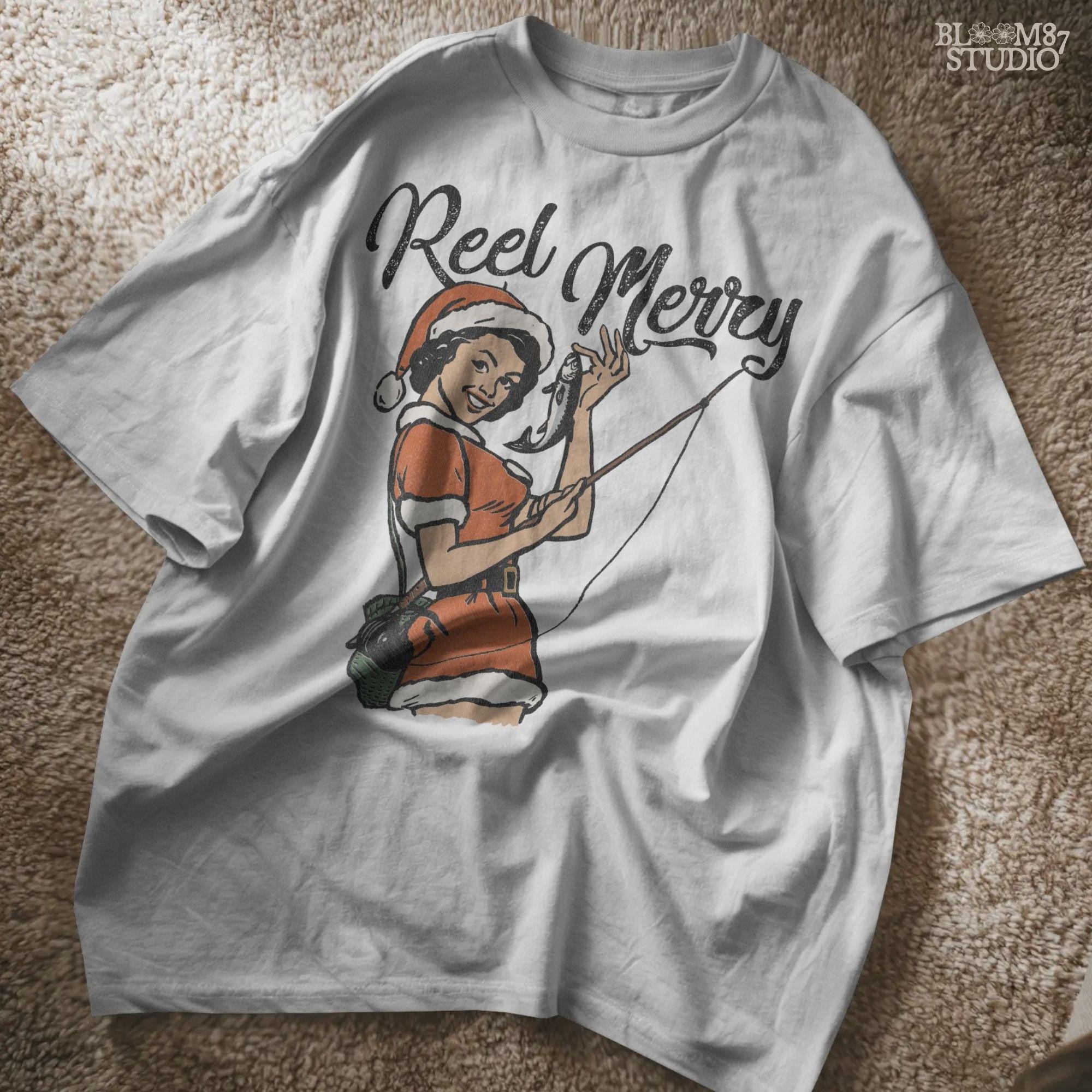 PNG graphic of a cheerful woman in Christmas clothing fishing, used for humorous holiday shirt sublimation.