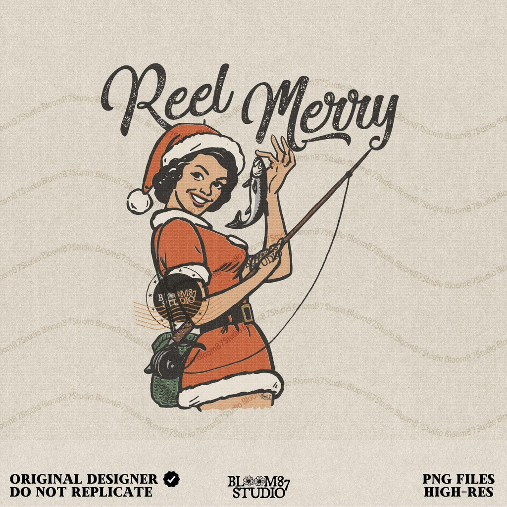 Vintage-style PNG of a smiling woman in a Santa outfit holding a fishing rod and small fish with the phrase "Reel Merry."