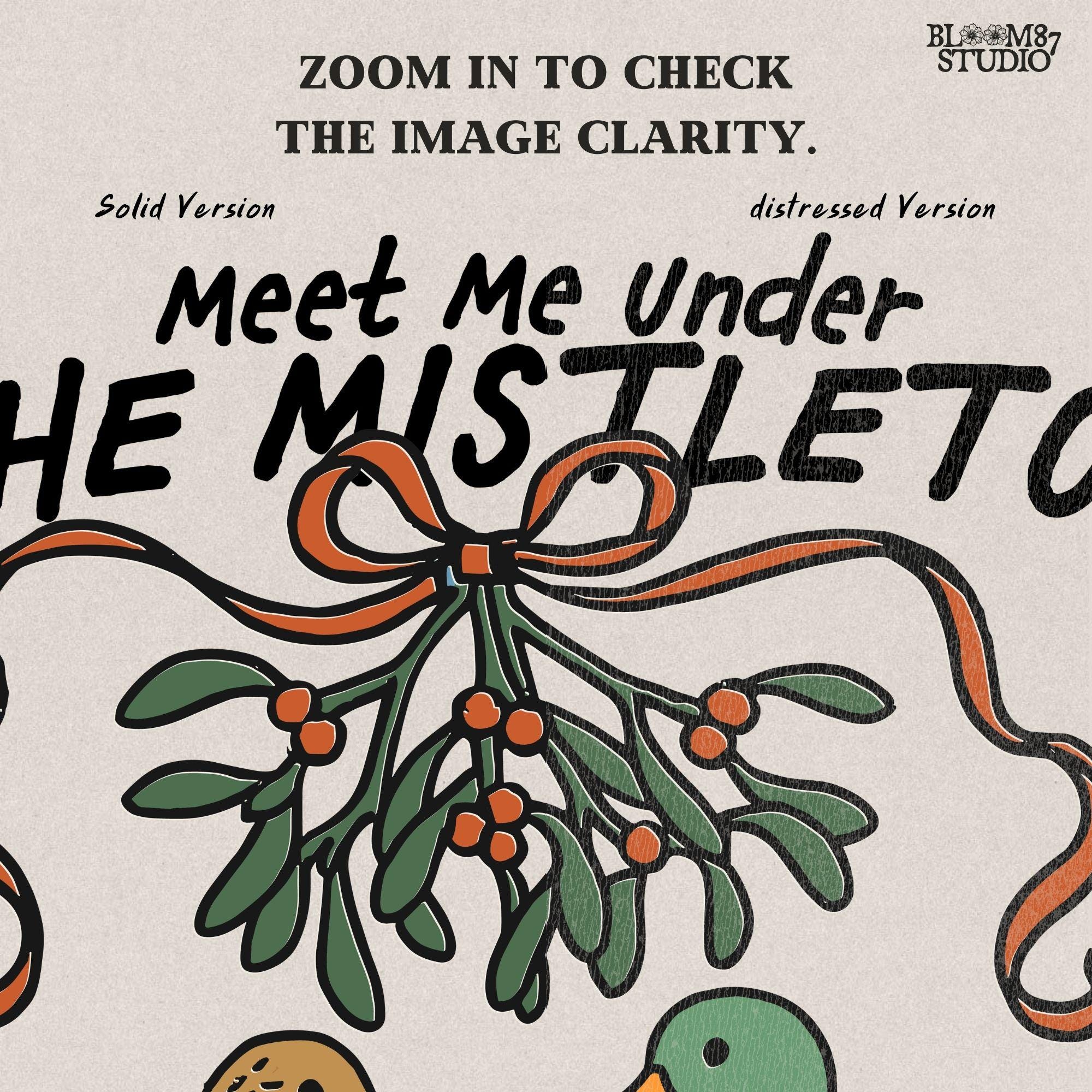 Cute cartoon-style ducks in green and blue clothes standing together under mistletoe, great for Christmas sublimation projects.