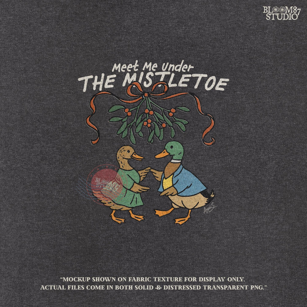 Christmas duck couple illustration with the ducks holding wings, wearing festive outfits under mistletoe, ideal for holiday shirts.