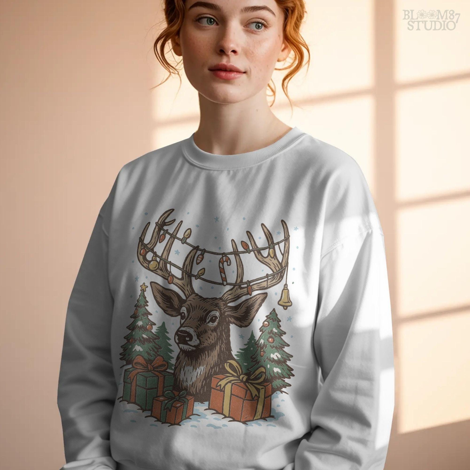 Christmas sublimation clipart featuring reindeer head with festive antlers, gifts, and trees in snowy background. Great for rustic farmhouse décor, Christmas shirt design, mugs, ornaments, and holiday sublimation projects.