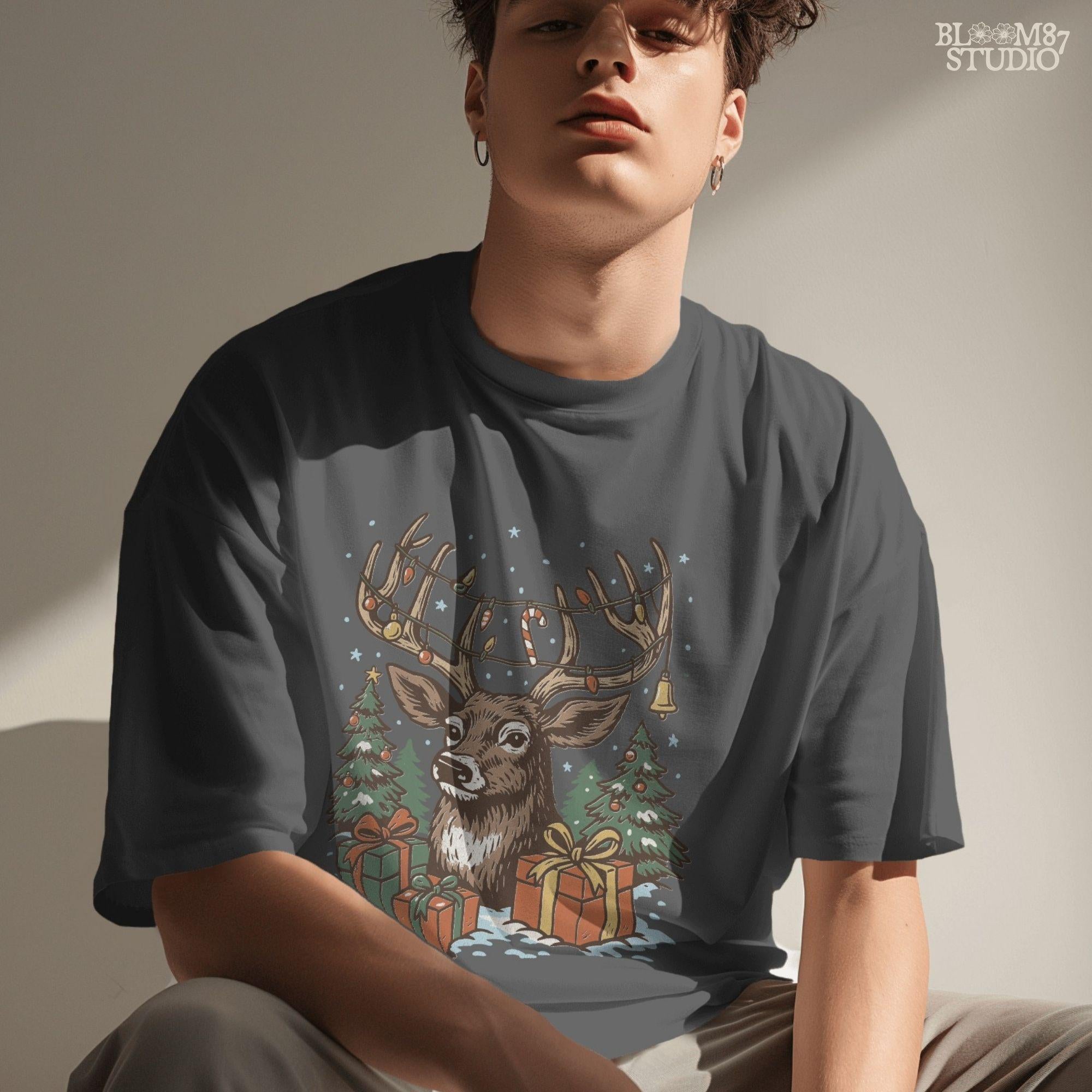 Detailed reindeer Christmas PNG, holiday sublimation with antlers strung with lights and candy canes, surrounded by trees and gifts. Perfect for seasonal shirt prints, mugs, cards, and farmhouse Christmas projects.