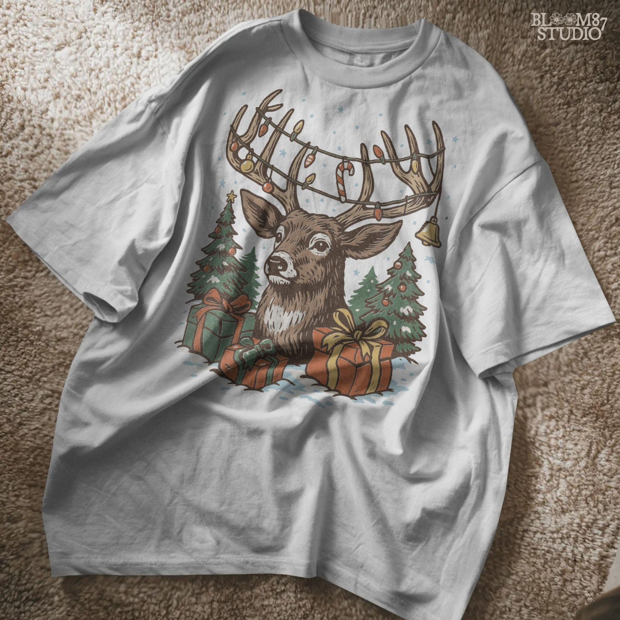 Winter holiday design showing a reindeer with Christmas decorations on antlers, surrounded by snowy trees and wrapped gifts. Sublimation PNG ideal for mugs, t-shirts, farmhouse Christmas signs, stickers, and holiday greeting cards.