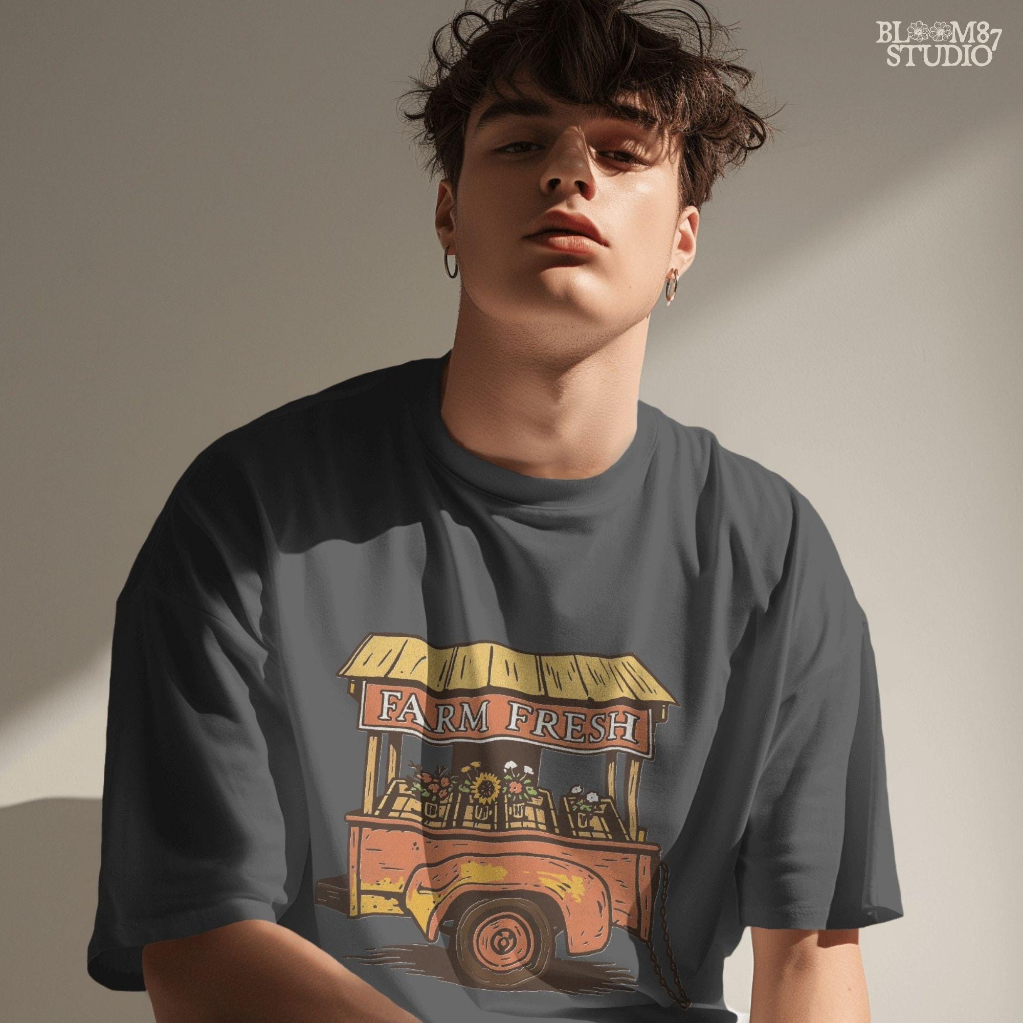 Cozy rustic fall PNG design featuring vintage farm stand with Farm Fresh text and floral arrangements. Perfect for sublimation on shirts, mugs, tote bags, farmhouse signs, autumn stickers, and DIY fall décor projects.