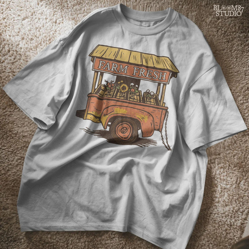 Hand-drawn autumn farm stand with flowers and wood textures, displaying Farm Fresh sign. Perfect fall PNG for sublimation projects including rustic mugs, cozy farmhouse décor, Thanksgiving shirts, and seasonal gifts.