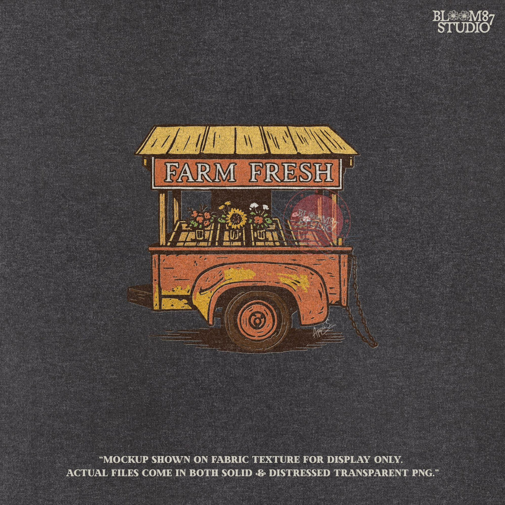 Vintage farm stand illustration with “Farm Fresh” text, sunflowers, fall flowers, and rustic wood texture. High-resolution fall sublimation PNG for farmhouse décor, Thanksgiving gifts, rustic autumn shirts, and DIY seasonal crafts.