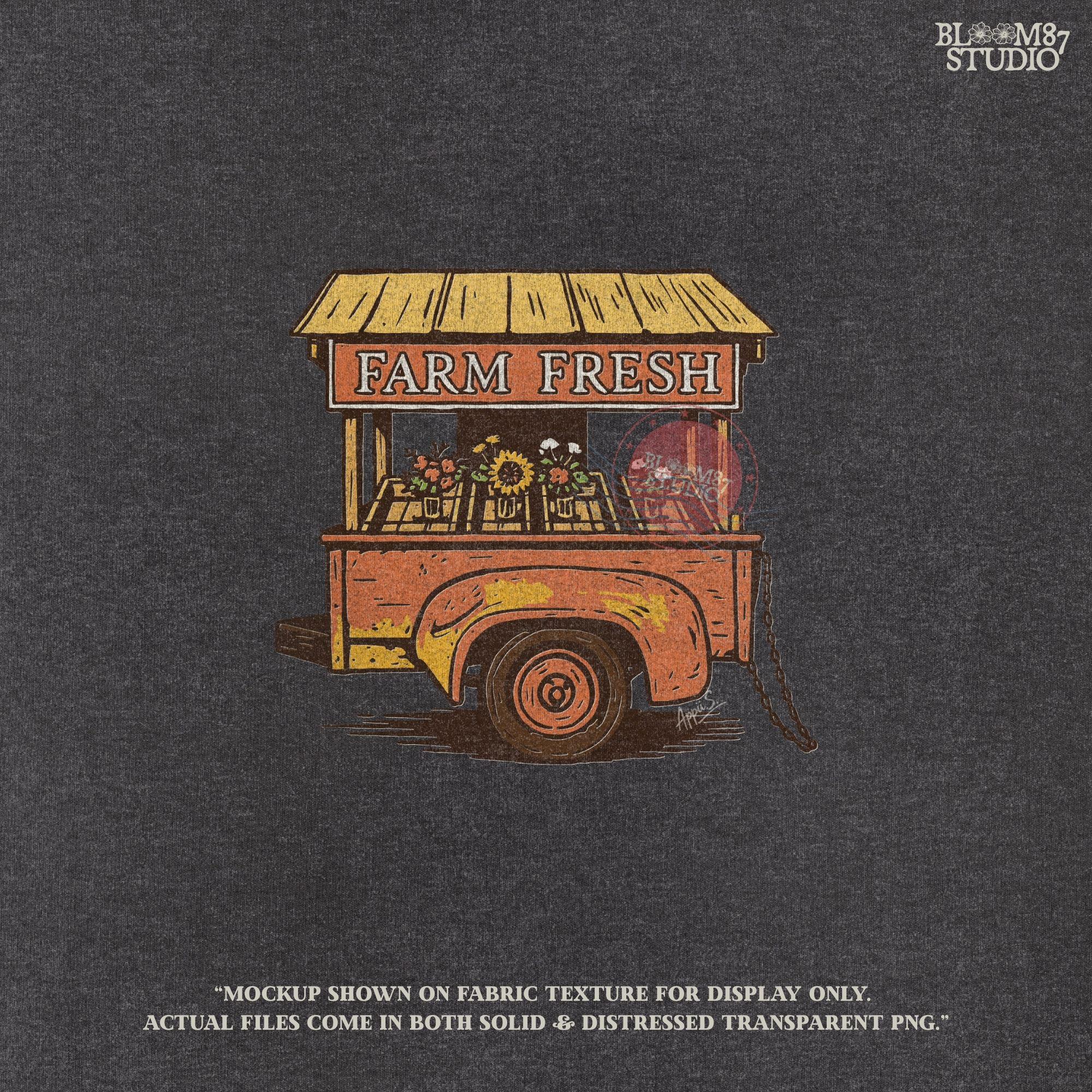 Vintage farm stand illustration with “Farm Fresh” text, sunflowers, fall flowers, and rustic wood texture. High-resolution fall sublimation PNG for farmhouse décor, Thanksgiving gifts, rustic autumn shirts, and DIY seasonal crafts.