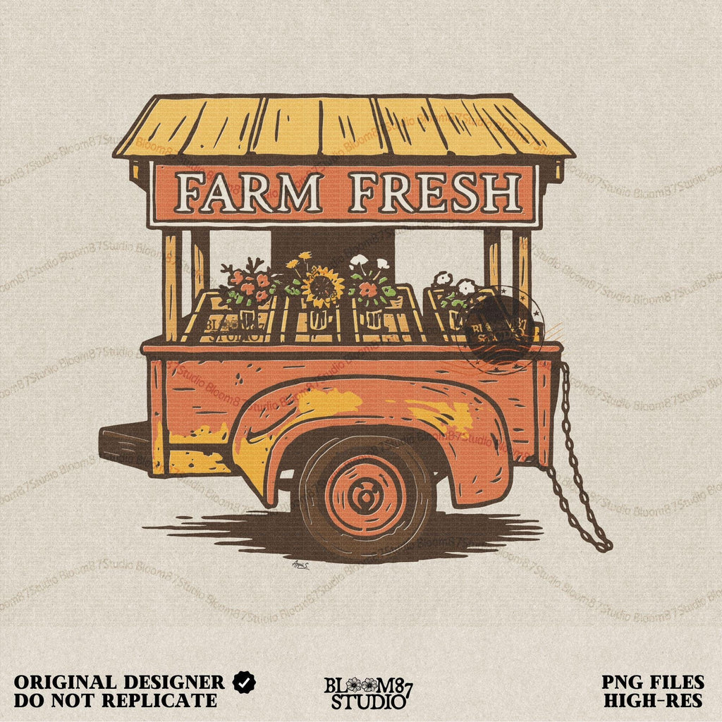 Farm Fresh fall PNG featuring a rustic wooden farm stand filled with colorful flowers and sunflowers. Perfect sublimation design for autumn farmhouse décor, rustic fall shirts, mugs, tote bags, and seasonal harvest craft projects.