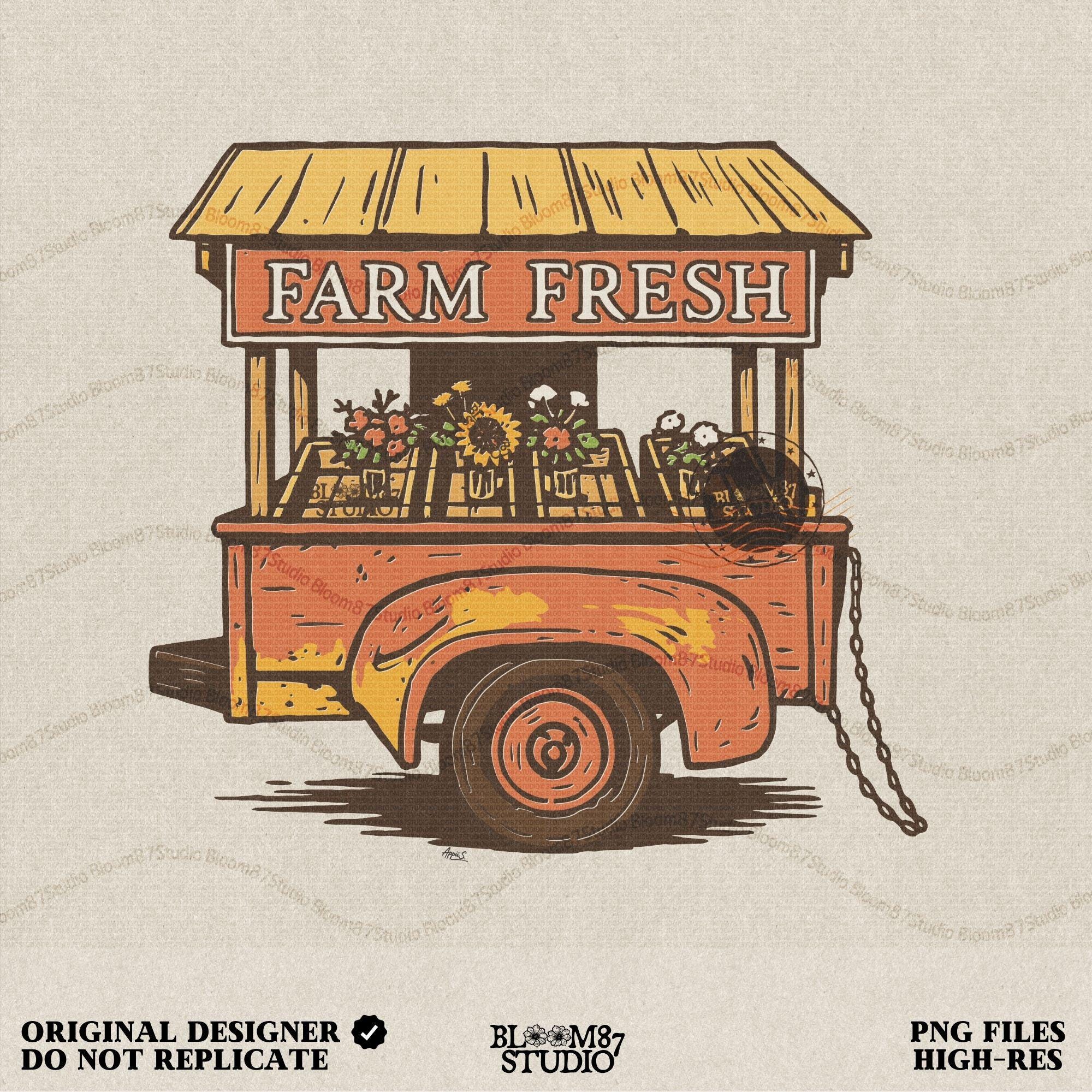 Farm Fresh fall PNG featuring a rustic wooden farm stand filled with colorful flowers and sunflowers. Perfect sublimation design for autumn farmhouse décor, rustic fall shirts, mugs, tote bags, and seasonal harvest craft projects.