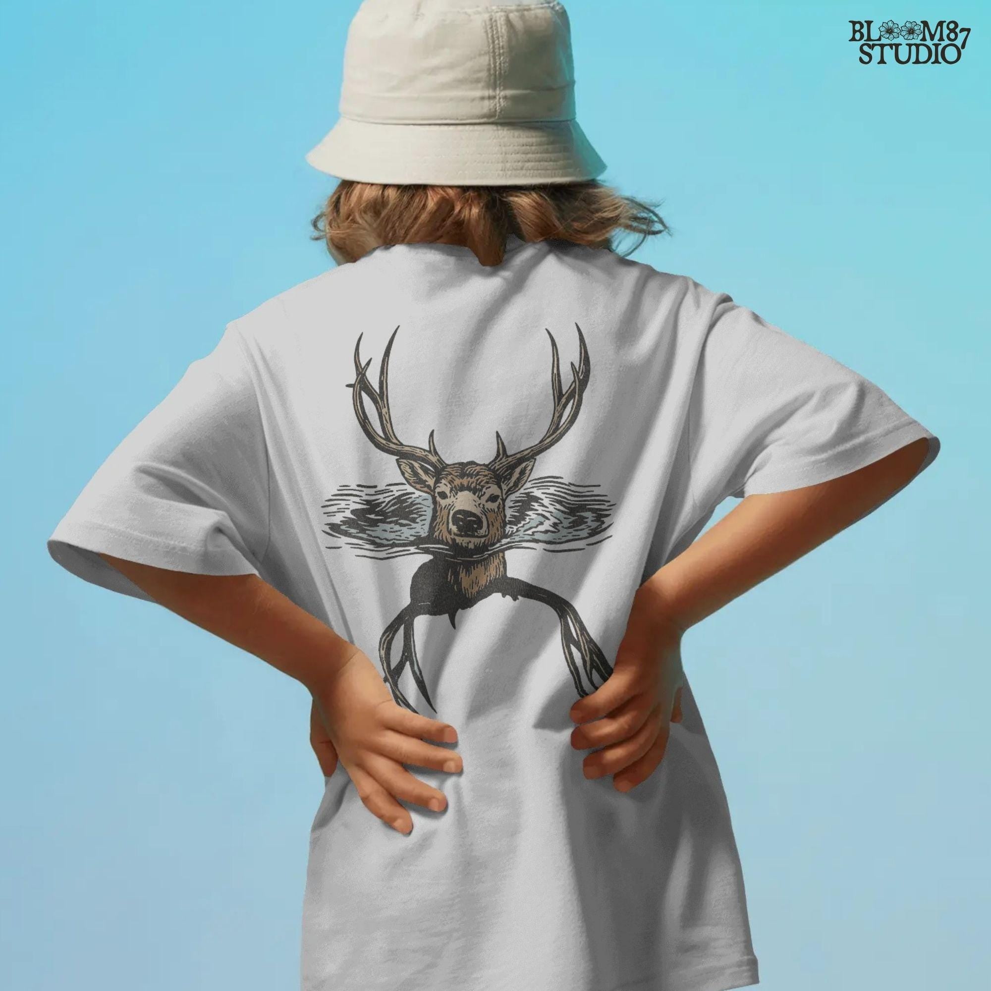 Rustic deer hunting season PNG design with detailed antlers and water background. Ideal sublimation artwork for hunters creating shirts, mugs, lodge décor, and rustic outdoor crafts.