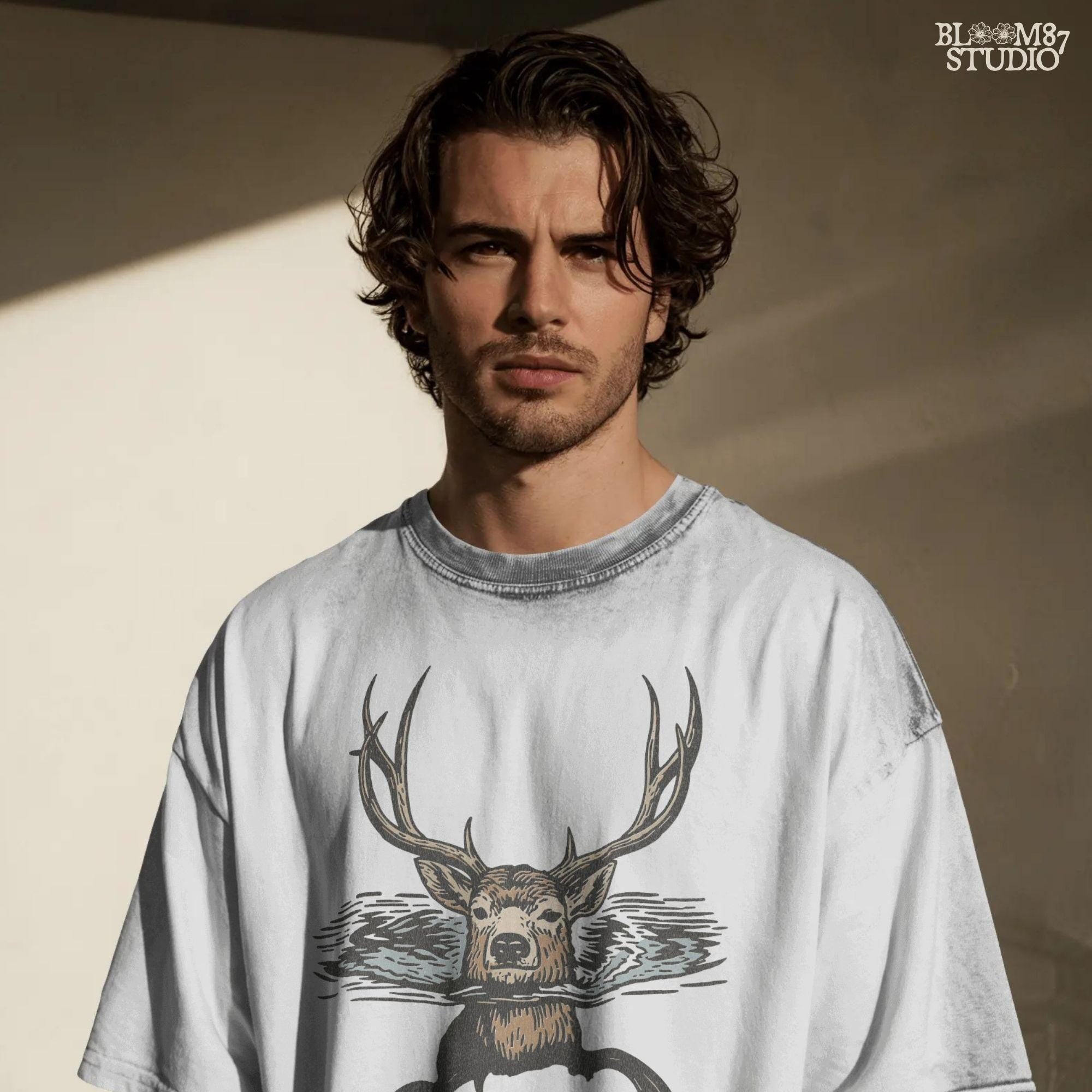 Majestic deer hunting PNG clipart of antlered buck head in water, hand-drawn rustic style. Perfect sublimation for hunting lodge décor, outdoor shirts, mugs, cabin wall art, and deer season gifts.