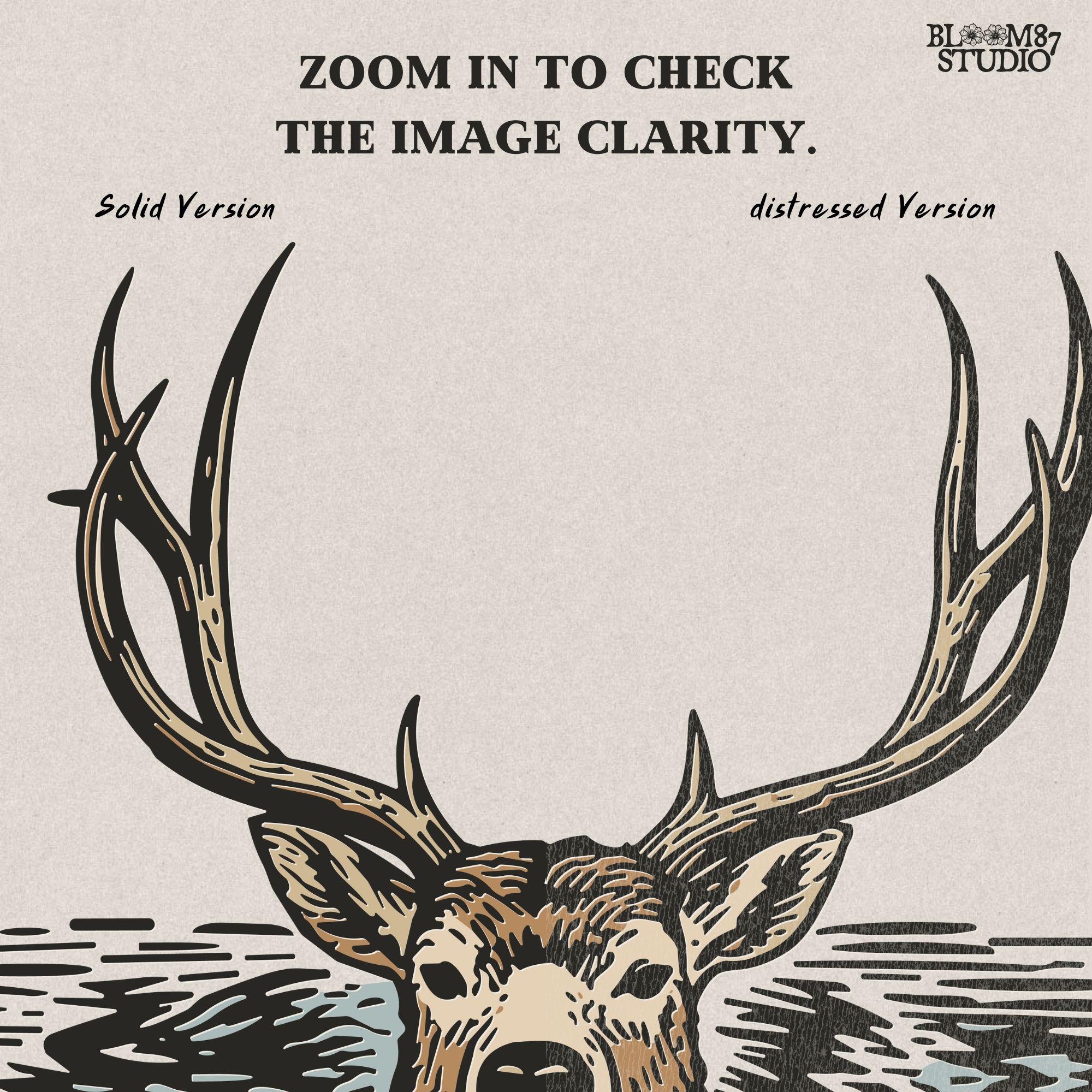 Rustic deer hunting clipart PNG of a buck with antlers above water. High-resolution sublimation design for hunting season shirts, mugs, cabin décor, lodge artwork, and wildlife-inspired crafts.