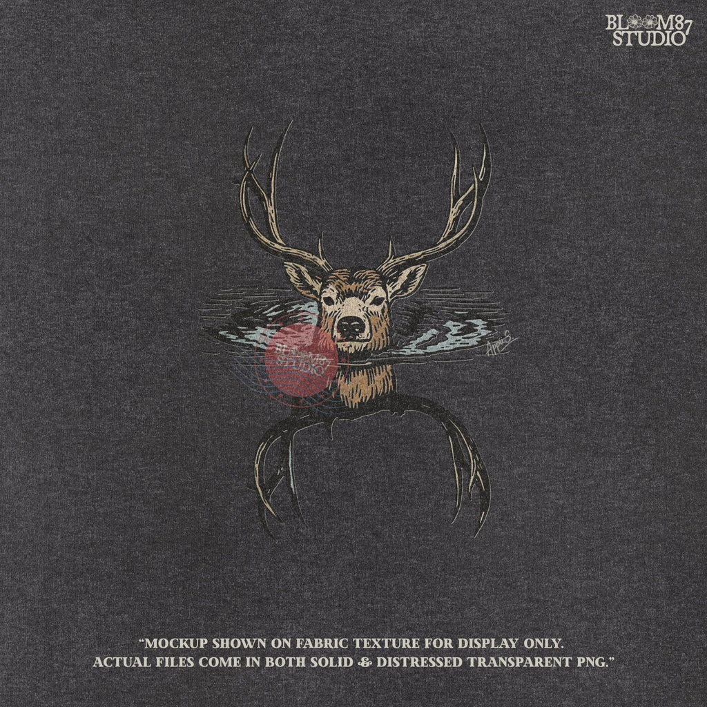 Hand-drawn deer hunting sublimation PNG showing a majestic buck head rising from a lake with detailed antlers. Ideal for outdoorsman shirts, rustic mugs, hunting lodge wall art, and deer season décor projects.