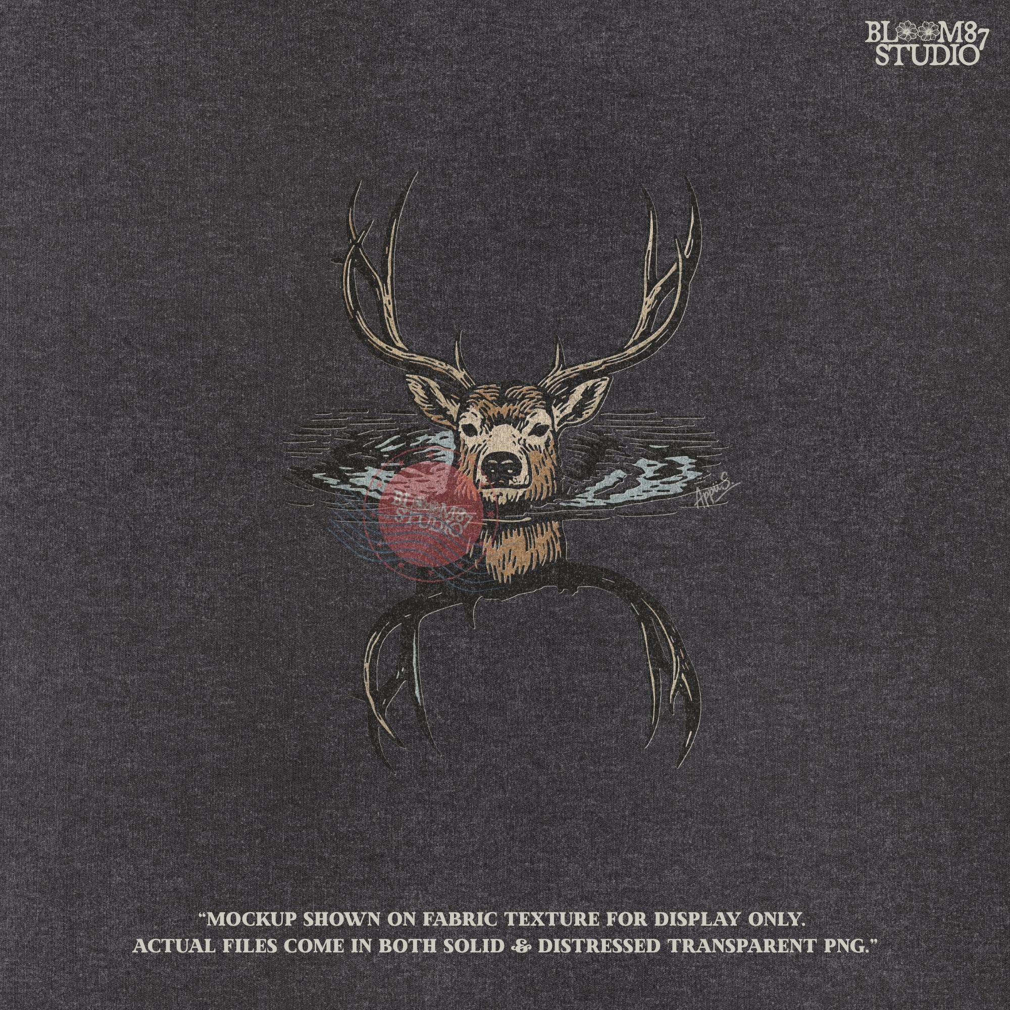 Hand-drawn deer hunting sublimation PNG showing a majestic buck head rising from a lake with detailed antlers. Ideal for outdoorsman shirts, rustic mugs, hunting lodge wall art, and deer season décor projects.