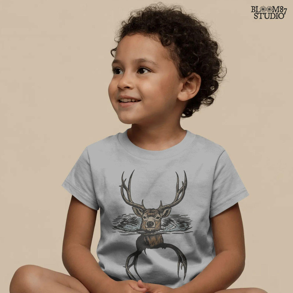 Hunting lodge sublimation PNG featuring deer head with antlers in water. Great for rustic hunting season décor, outdoor lifestyle shirts, mugs, and personalized hunting gifts.