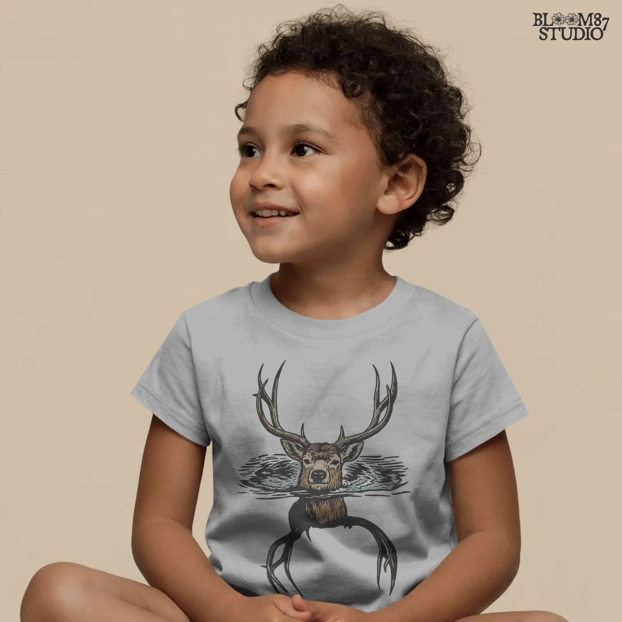 Hunting lodge sublimation PNG featuring deer head with antlers in water. Great for rustic hunting season décor, outdoor lifestyle shirts, mugs, and personalized hunting gifts.