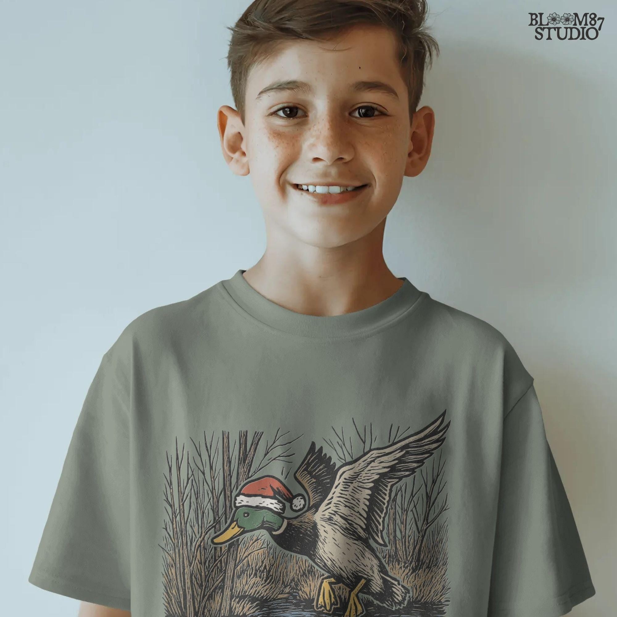 Christmas mallard duck PNG hand-drawn artwork for hunters. Features a mallard duck in Santa hat mid-flight. Perfect for holiday sublimation shirts, rustic farmhouse decor, mugs, tumblers, and outdoors gifts.