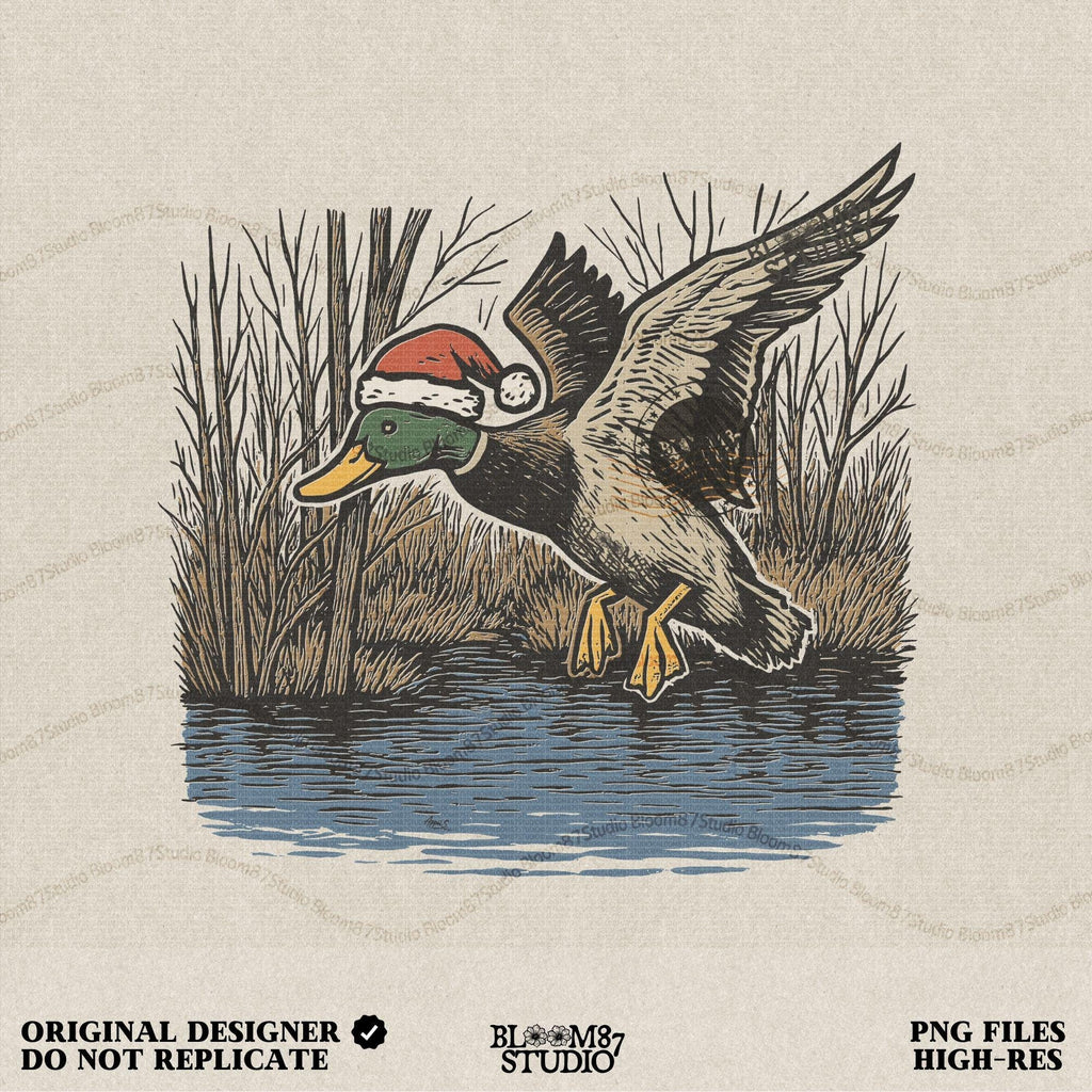 A mallard duck Christmas PNG design featuring a flying mallard wearing a Santa hat over a winter marsh. Perfect for duck hunting shirts, sublimation designs, and Christmas hunting gifts. Great for hunters, outdoorsmen, and waterfowl lovers looking for festive hunting clipart.