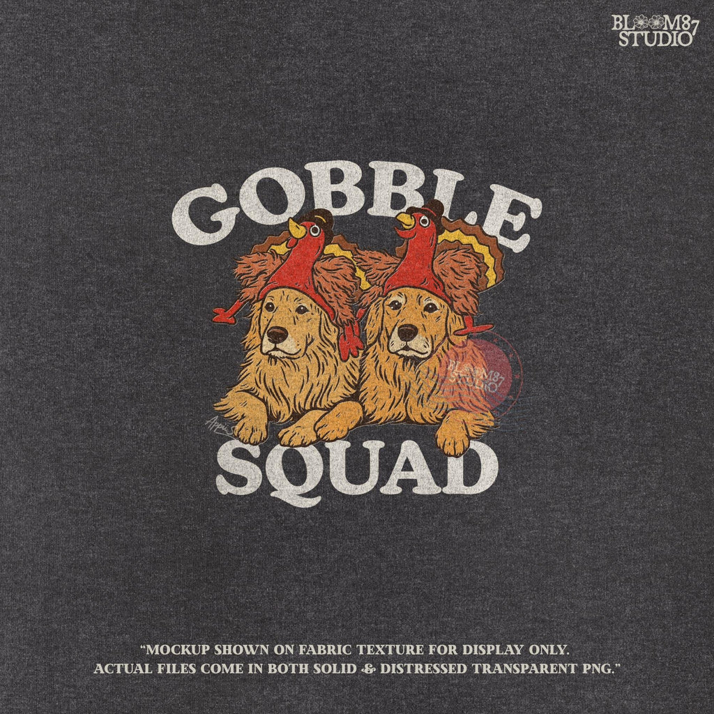 Hand-drawn Thanksgiving dog clipart with golden retrievers in festive turkey hats and the phrase “Gobble Squad.” Great for funny holiday shirts, mugs, tumblers, and farmhouse fall wall art.