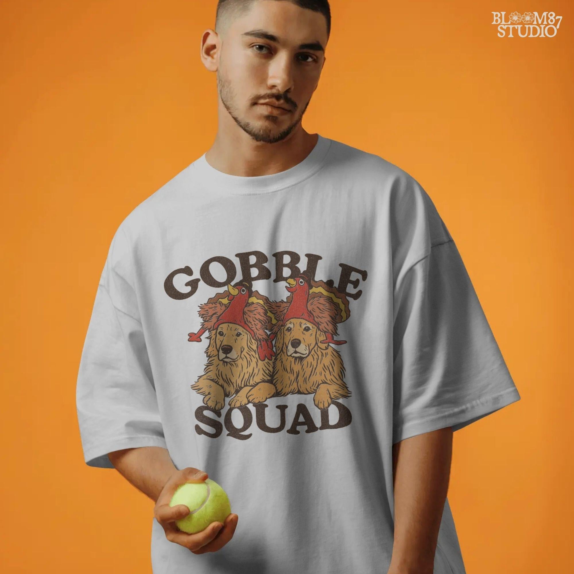 Gobble Squad sublimation design for dog lovers, featuring golden retrievers in turkey hats. Ideal for Thanksgiving apparel, rustic farmhouse fall decorations, mugs, and party gifts.