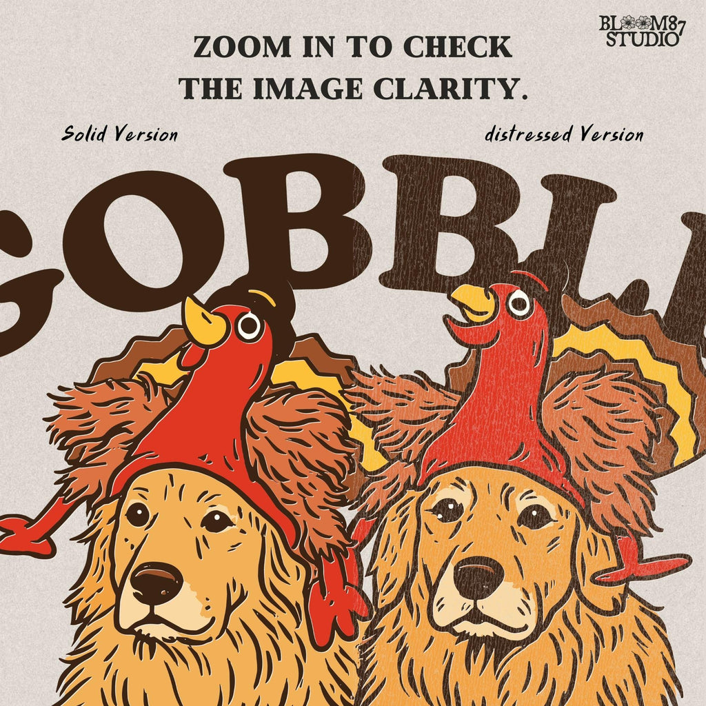 Golden retriever clipart for Thanksgiving showing two retrievers in turkey hats under the words Gobble Squad. Perfect for autumn holiday crafts, sublimation shirts, mugs, and fall decor projects.