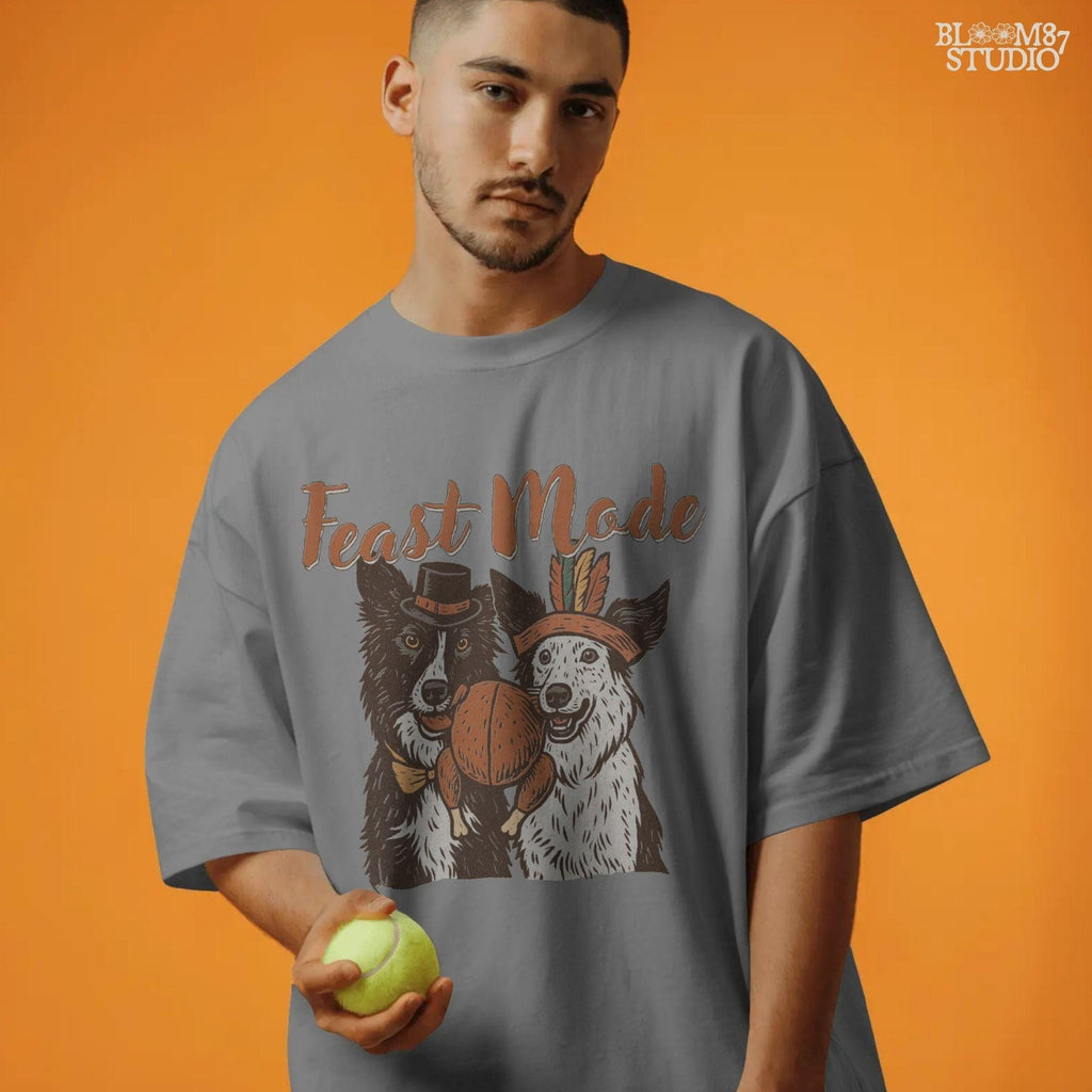 Playful funny dog clipart for Thanksgiving with border collies in costumes holding turkey, ideal for shirts, mugs, aprons, farmhouse wall art, and autumn sublimation projects.