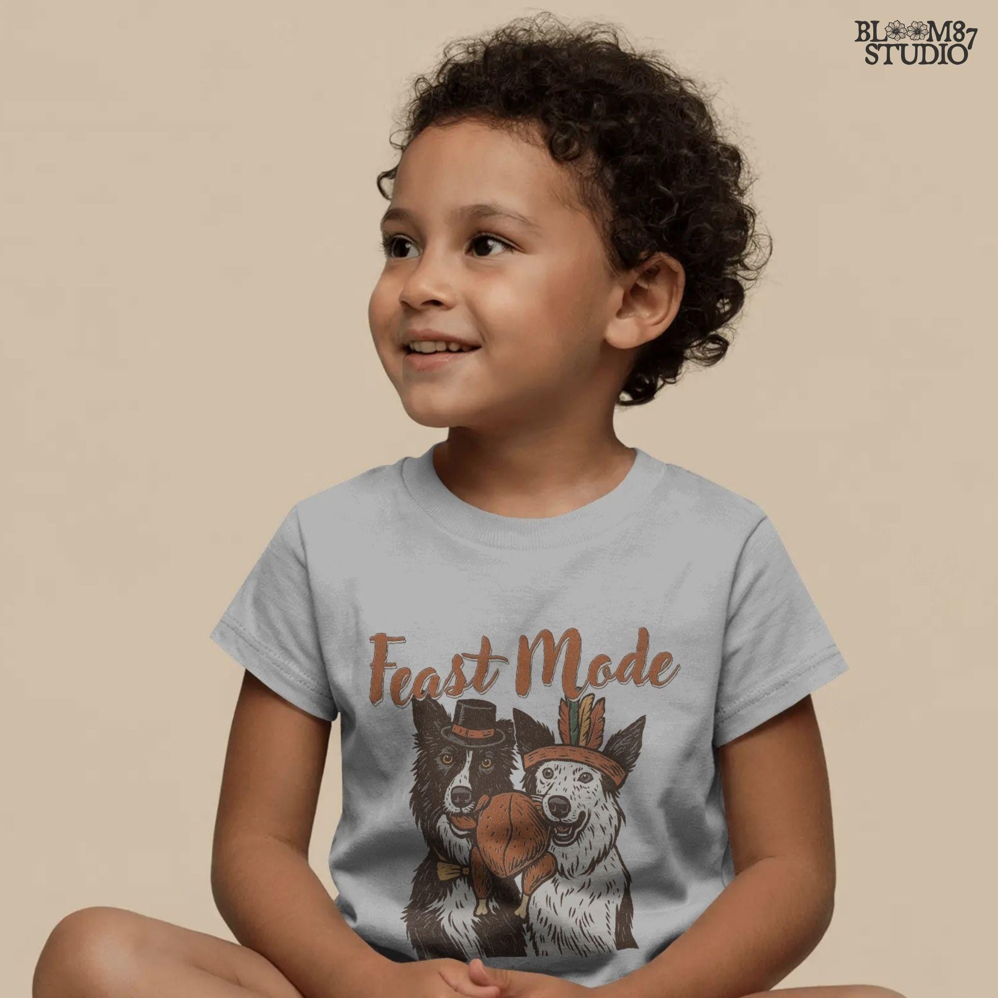 A holiday dog sublimation design showing Feast Mode text, roasted turkey, and two border collies. Perfect for funny Thanksgiving shirts, mugs, farmhouse holiday artwork, and autumn crafts.