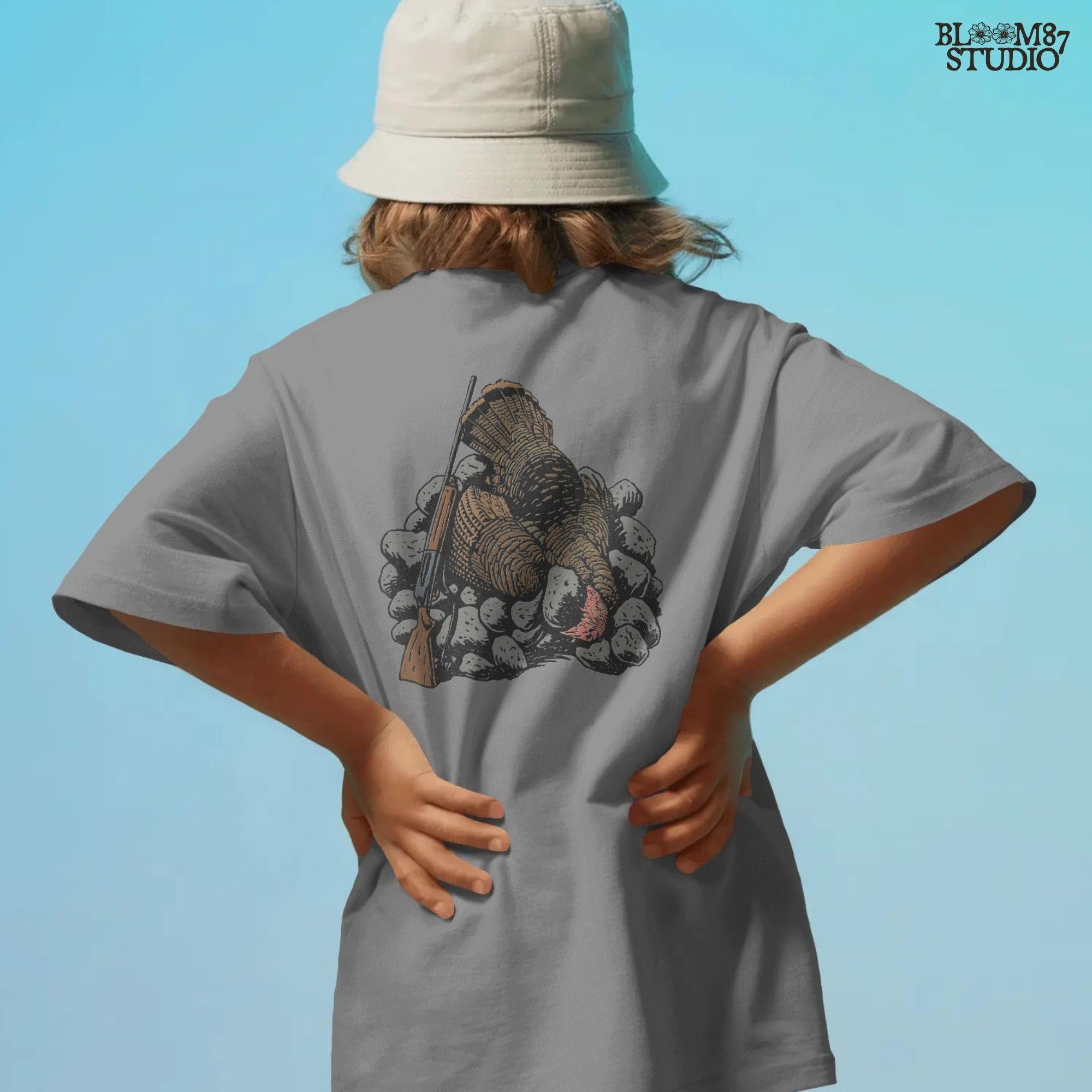 Rustic turkey and rifle hunting design PNG, ideal for outdoors apparel, farmhouse prints, hunting lodge art, mugs, and Thanksgiving sublimation projects for rustic fall decor.