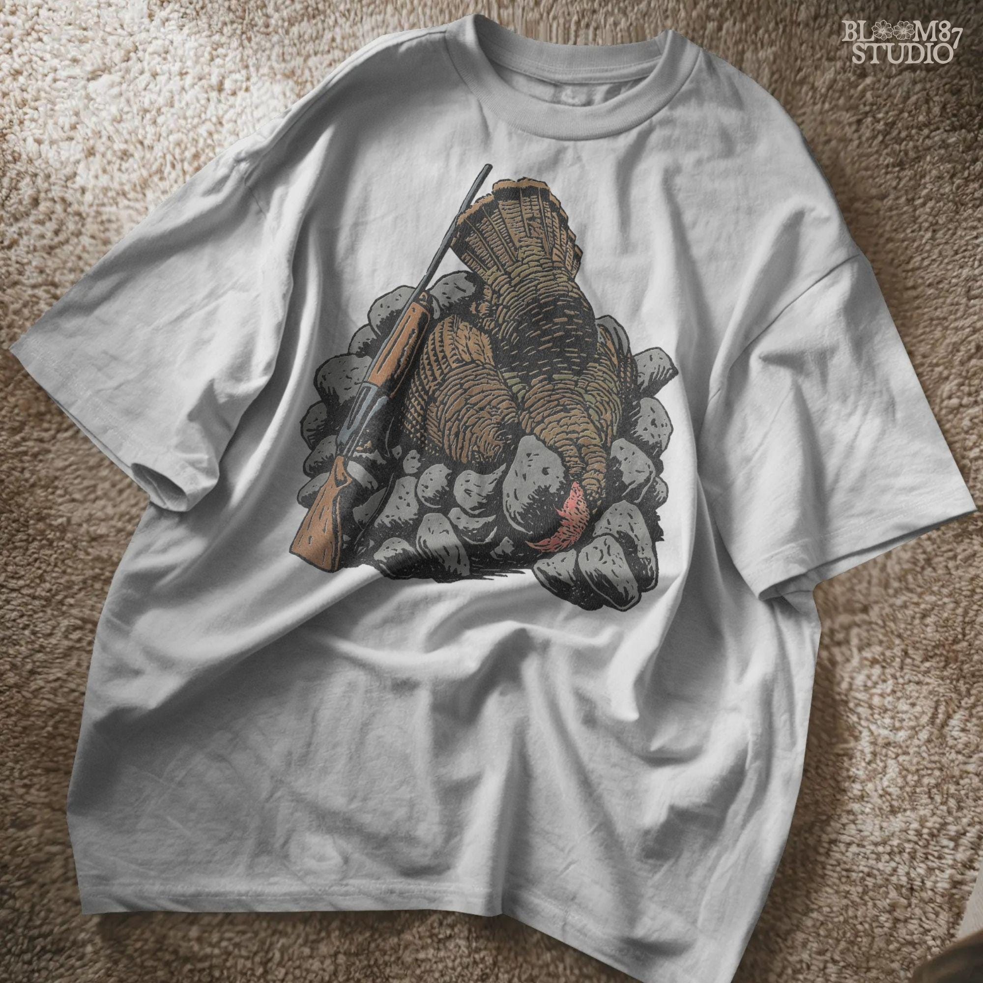 Hand-drawn wild game hunting PNG with a turkey on rocks, perfect for hunting lodge art, rustic farmhouse wall decor, mugs, and Thanksgiving sublimation projects for fall.