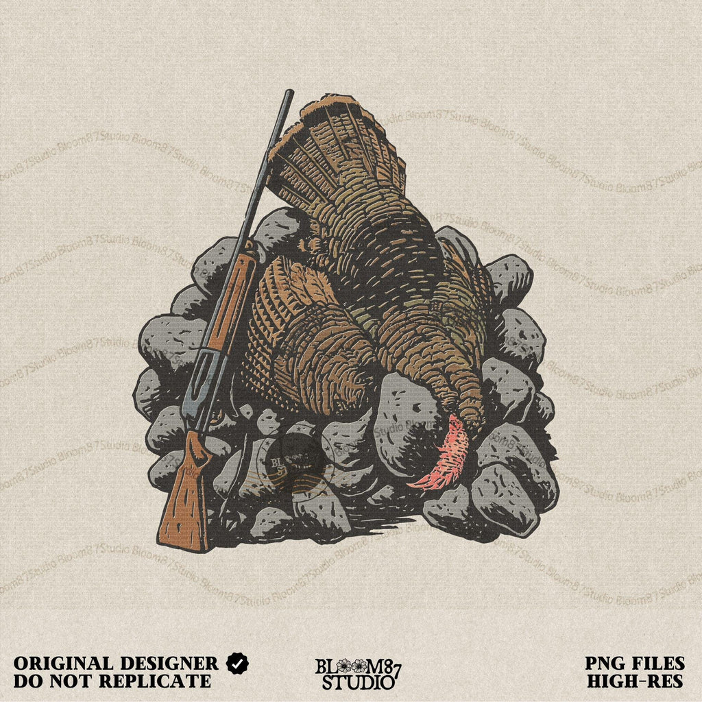 A turkey hunting PNG design with a detailed wild turkey lying on rocks next to a rifle, perfect for hunting shirts, mugs, farmhouse decor, Thanksgiving sublimation projects, and rustic outdoors gifts.