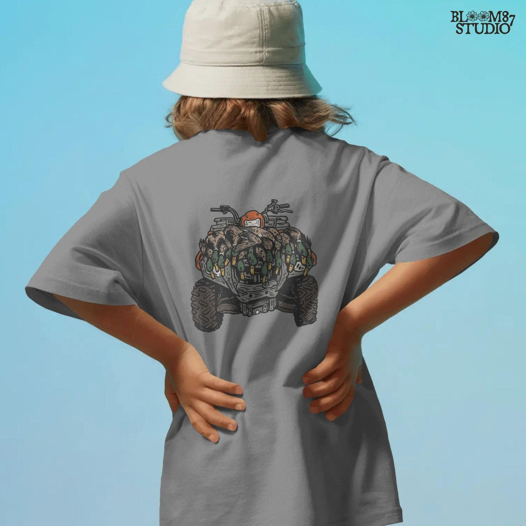 Hunting lifestyle duck and mallard PNG design with ATV, great for sublimation crafts, hunting lodge wall decor, rustic farmhouse artwork, mugs, and outdoorsman apparel.
