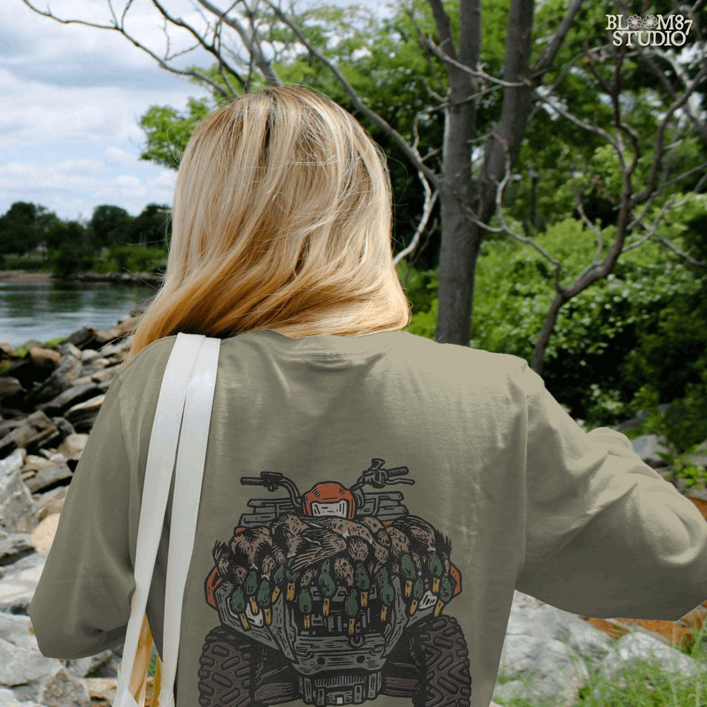 Vintage-inspired duck hunt clipart design with mallards on an ATV, perfect for outdoorsman shirts, mugs, tumblers, rustic wall art, and hunting season sublimation projects.