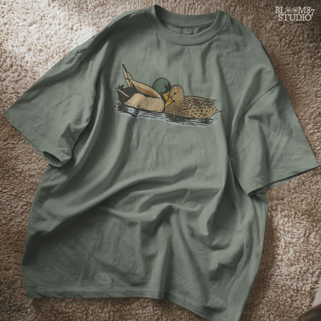 Rustic duck hunting PNG design of mallard ducks together, ideal for fall hunting projects, farmhouse wall art, sublimation shirts, outdoorsman mugs, and rustic waterfowl gifts.