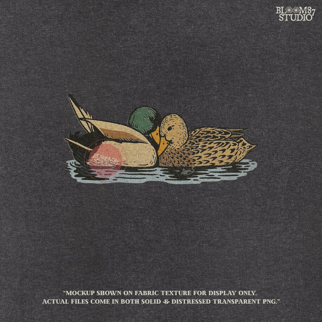 Hand-drawn mallard duck hunting clipart featuring male and female ducks, perfect for sublimation shirts, tumblers, rustic lodge wall prints, farmhouse outdoor decor, and wildlife hunting projects.