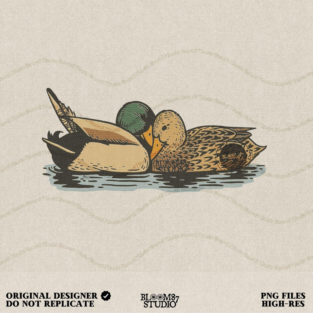 Duck hunting PNG design showing a mallard duck pair floating together on calm water, ideal for hunting shirts, sublimation mugs, farmhouse lodge wall art, rustic outdoorsman gifts, and waterfowl hunting decor projects.