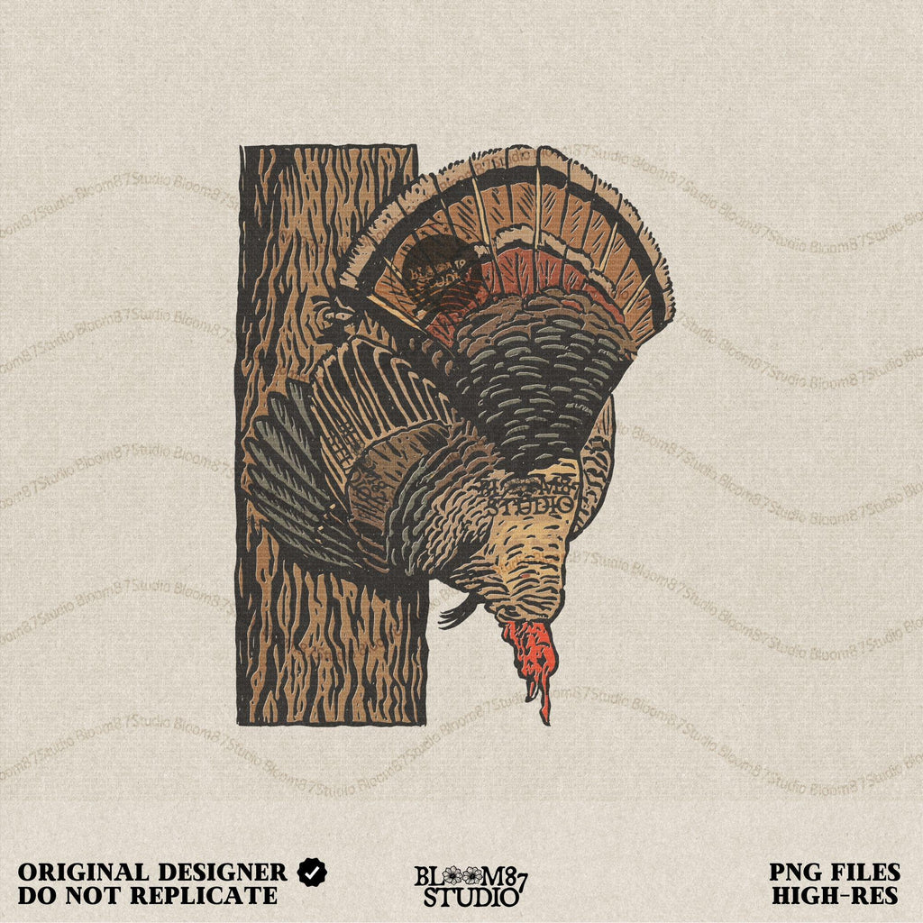 Turkey hunting PNG design featuring a wild turkey perched against a tree with detailed feathers, perfect for hunting season shirts, mugs, sublimation gifts, farmhouse wall art, and rustic lodge Thanksgiving decor.