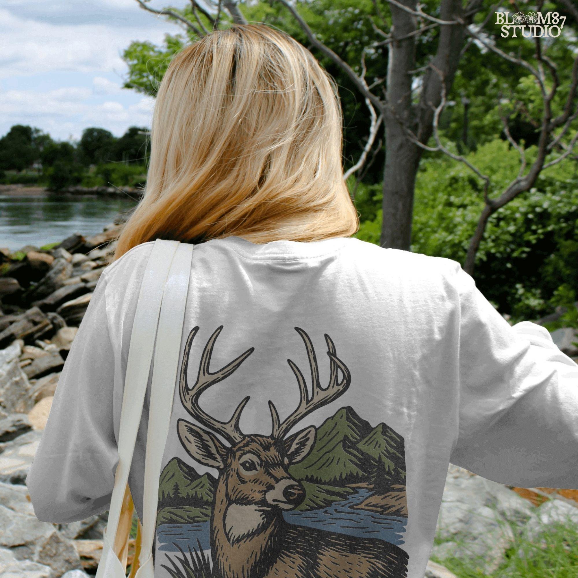 Hand-drawn deer hunting illustration of a buck in the wild, great for hunting season shirts, mugs, wildlife sublimation art, and rustic decor.