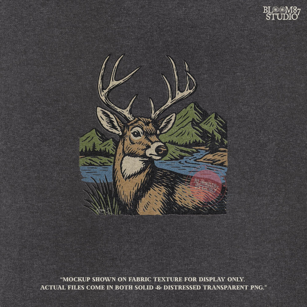 Rustic buck hunting clipart featuring a scenic background of mountains and river, ideal for wildlife art prints, hunting lodge decor, sublimation shirts, and digital crafts.