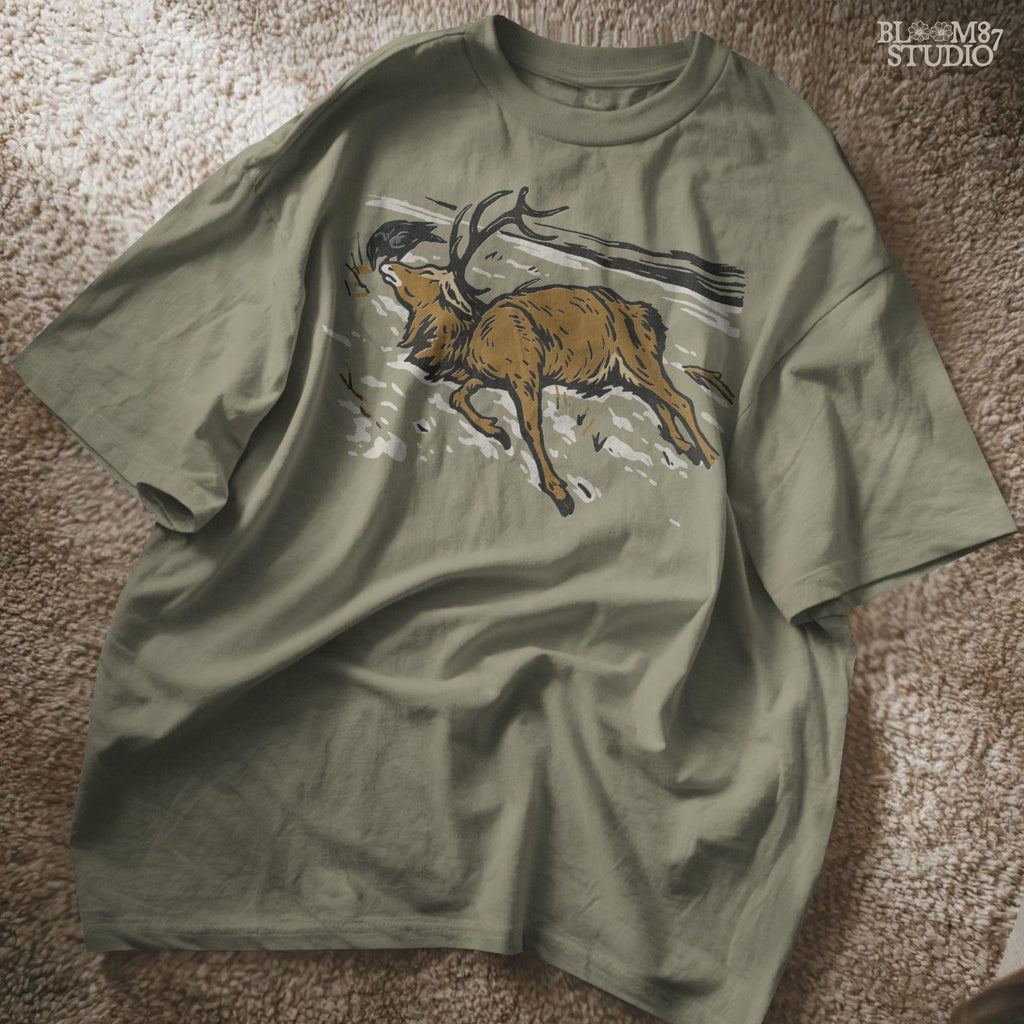 Digital deer hunting artwork in a snowy landscape, great for sublimation shirts, hunting season prints, mugs, tumblers, outdoors gifts, and digital downloads.