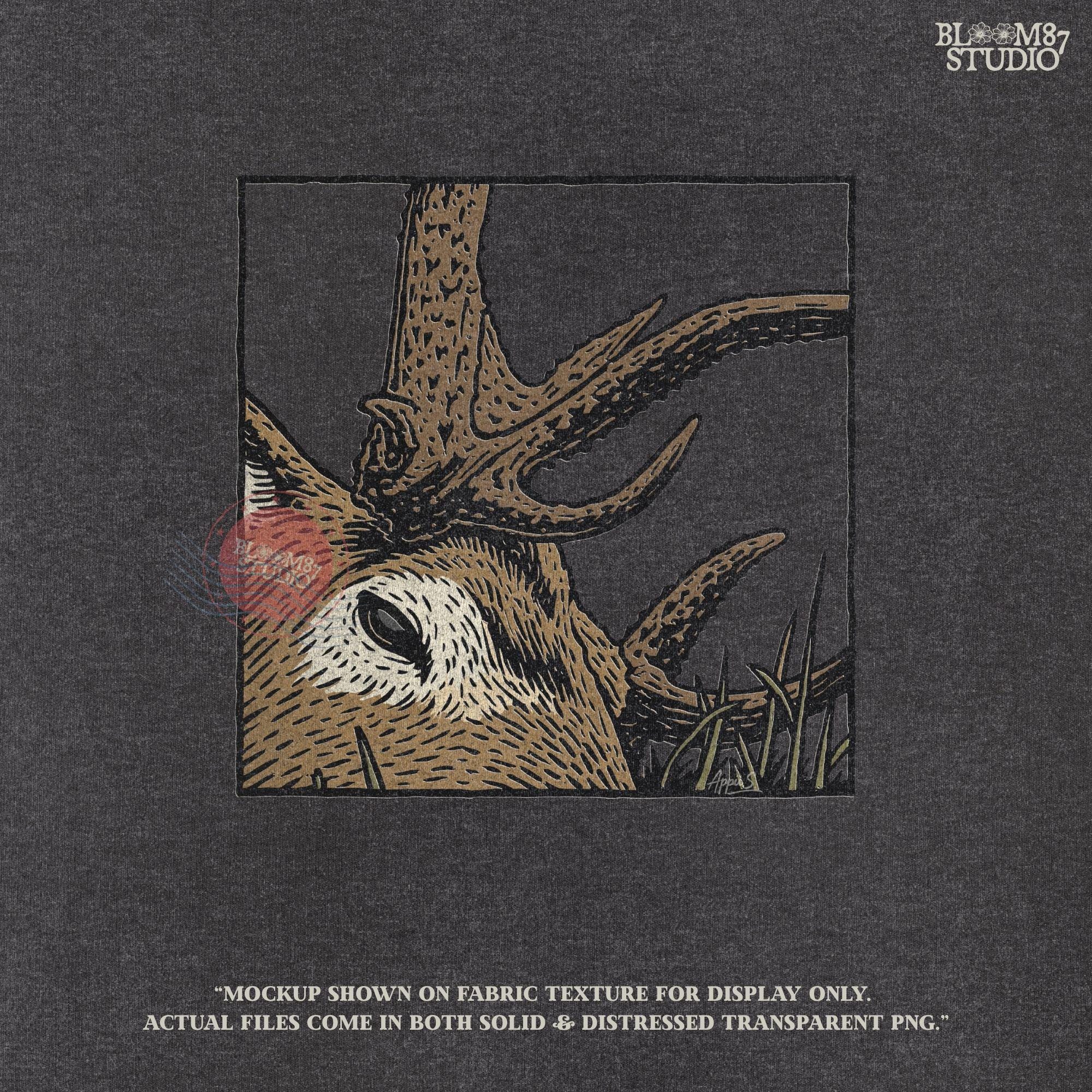 Detailed illustration of a buck with strong antlers, designed for deer hunting apparel, mugs, tumblers, and wall art. Perfect sublimation PNG for hunters and wildlife lovers who want unique designs for gifts or personal use.