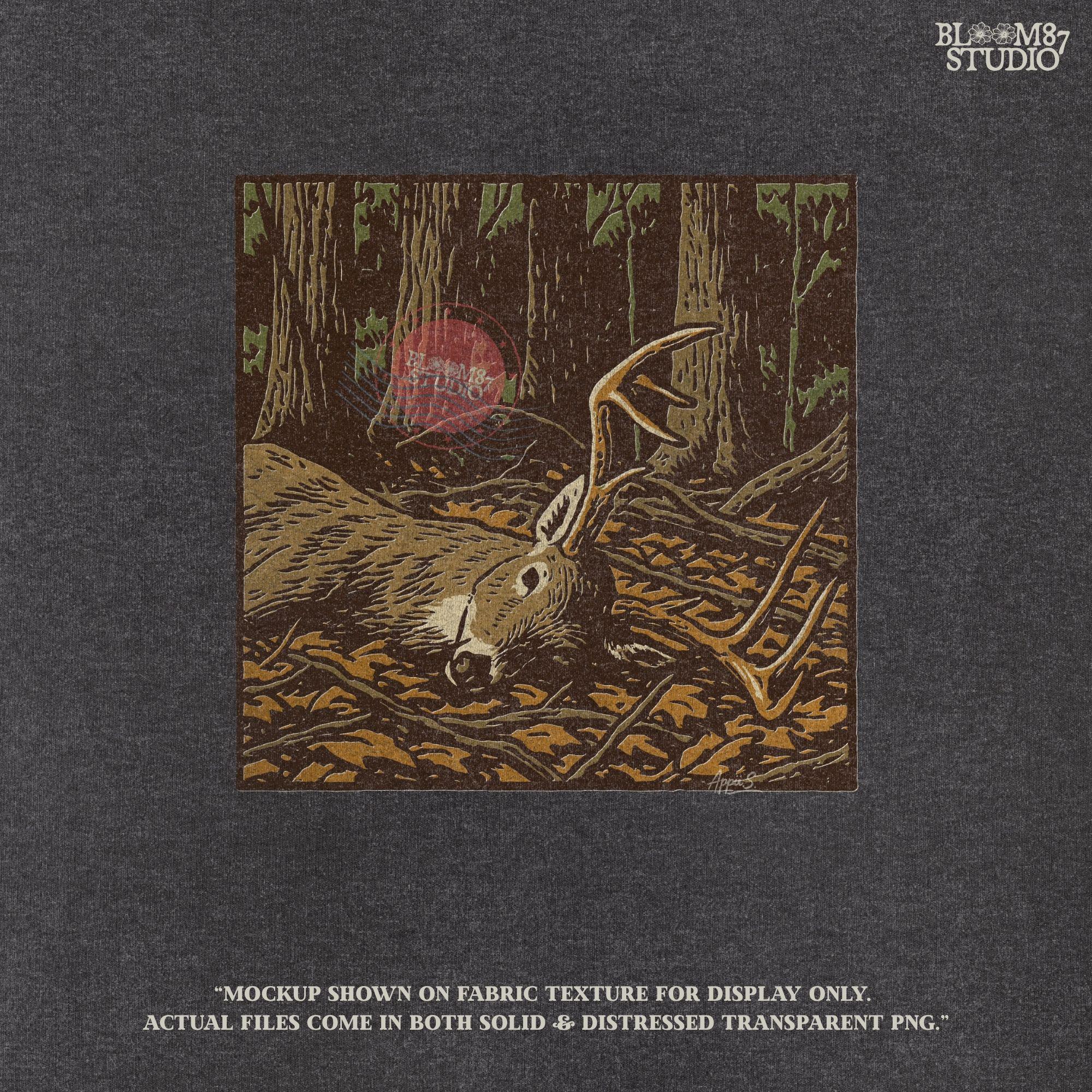 Artistic image of a buck with antlers resting among leaves in a woodland forest scene, designed for deer hunting sublimation projects. Perfect for fall hunting apparel, mugs, and hunting gifts.