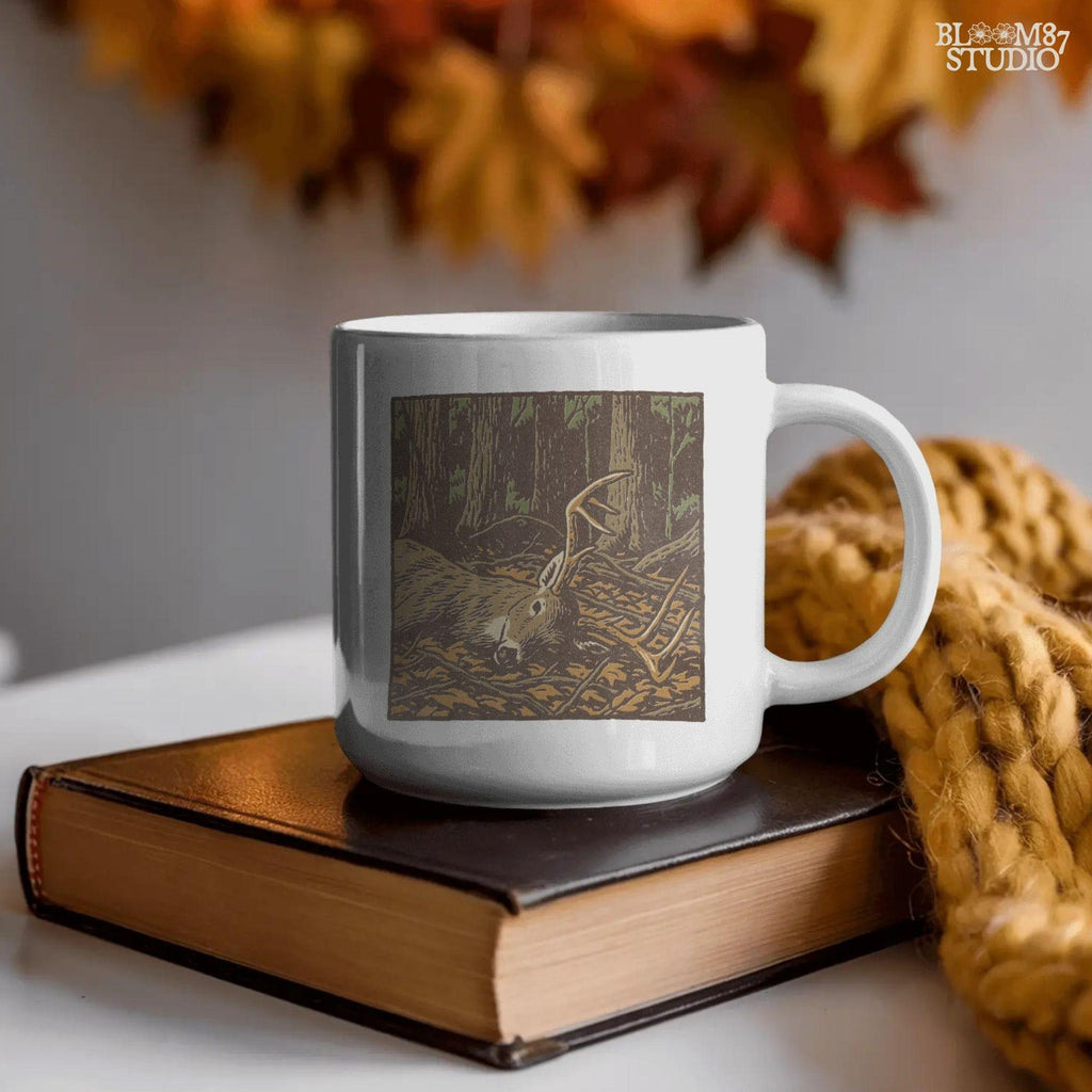 Rustic forest artwork of a buck deer laying on autumn leaves, perfect for fall hunting PNG sublimation designs. Great for hunting shirts, mugs, tumblers, decals, and custom hunting gifts.