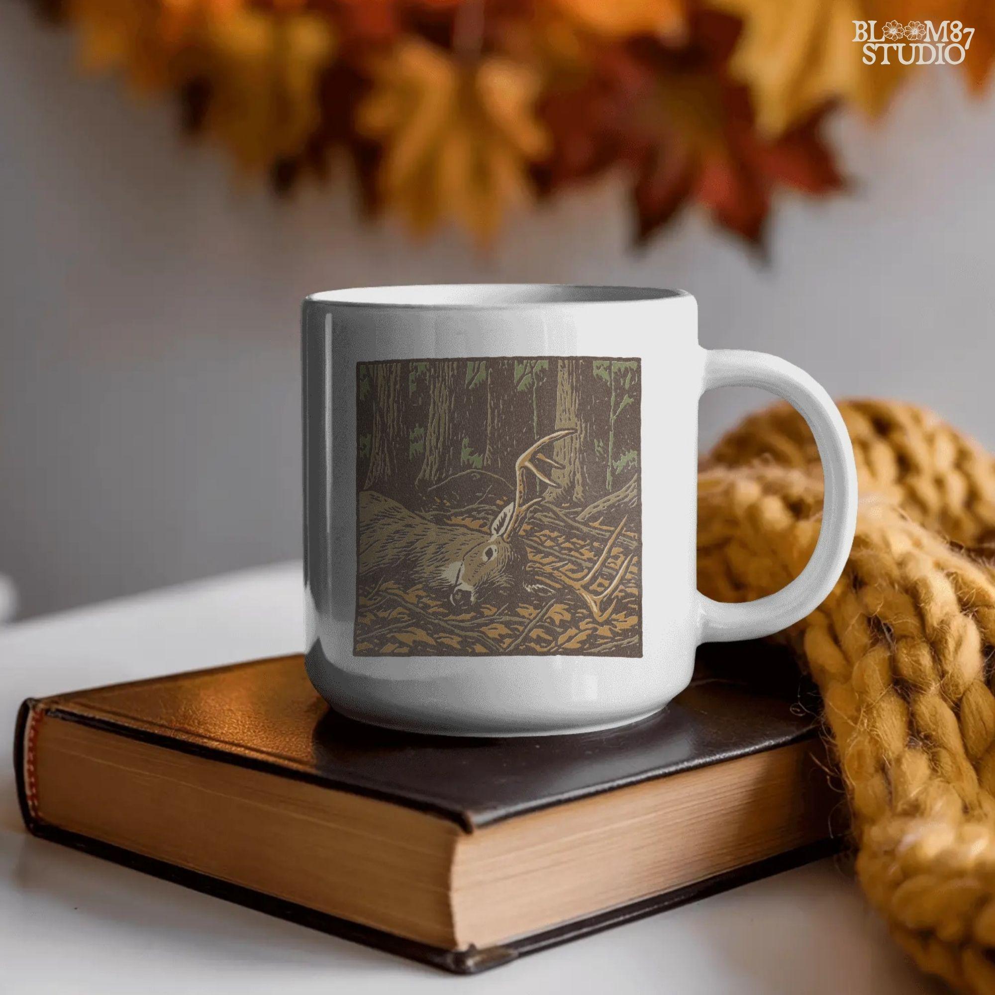 Rustic forest artwork of a buck deer laying on autumn leaves, perfect for fall hunting PNG sublimation designs. Great for hunting shirts, mugs, tumblers, decals, and custom hunting gifts.