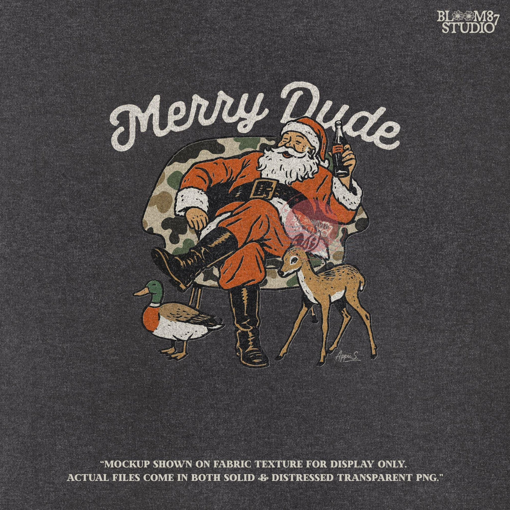 Vintage Christmas Santa artwork featuring Santa in red suit, camo chair, soda in hand, duck nearby, and fawn deer standing by. Ideal for Christmas hunting shirts, Santa sublimation mugs, camo Santa clipart, and holiday gift crafting.