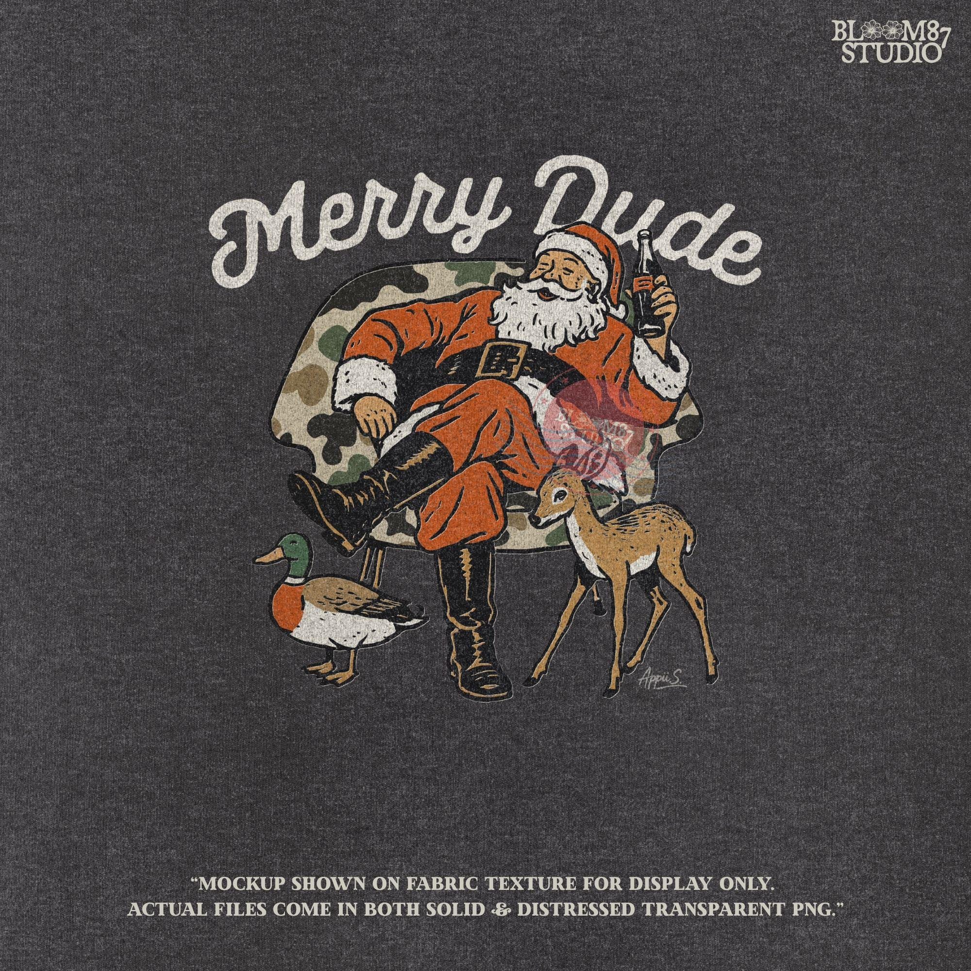 Vintage Christmas Santa artwork featuring Santa in red suit, camo chair, soda in hand, duck nearby, and fawn deer standing by. Ideal for Christmas hunting shirts, Santa sublimation mugs, camo Santa clipart, and holiday gift crafting.