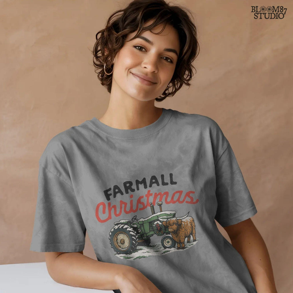 Country Christmas design featuring snowy Farmall tractor and Highland cow. A farmhouse holiday sublimation PNG perfect for festive shirts, mugs, ornaments, tote bags, barn-inspired décor, and rustic Christmas gifts. Great for tractor lovers and farm-themed holiday crafts.