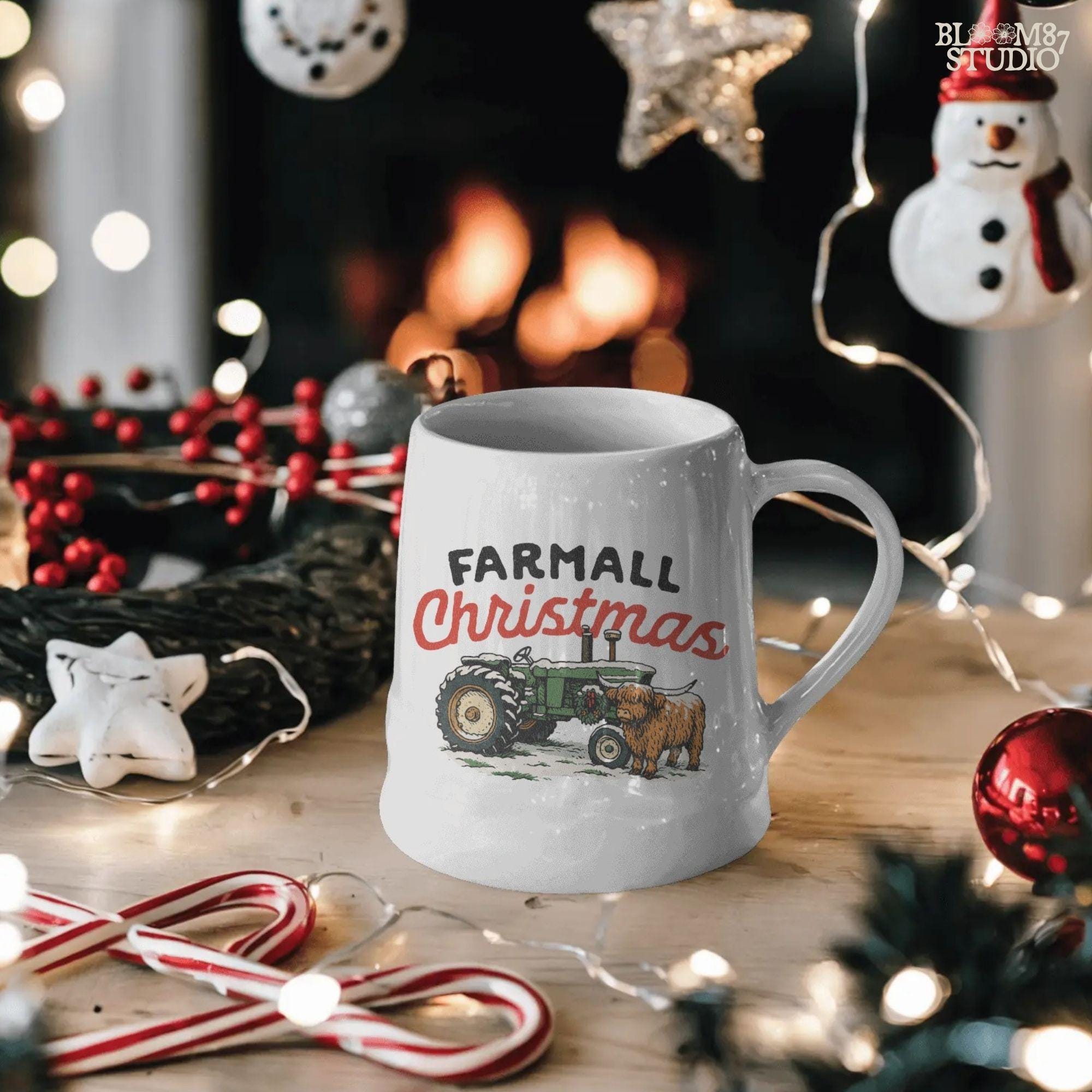 Farmall Christmas tractor digital artwork with Highland cow and holiday wreath. Perfect for sublimation on shirts, mugs, cards, ornaments, tote bags, farmhouse Christmas décor, barn-inspired gifts, and digital products for rustic holiday farm style projects.